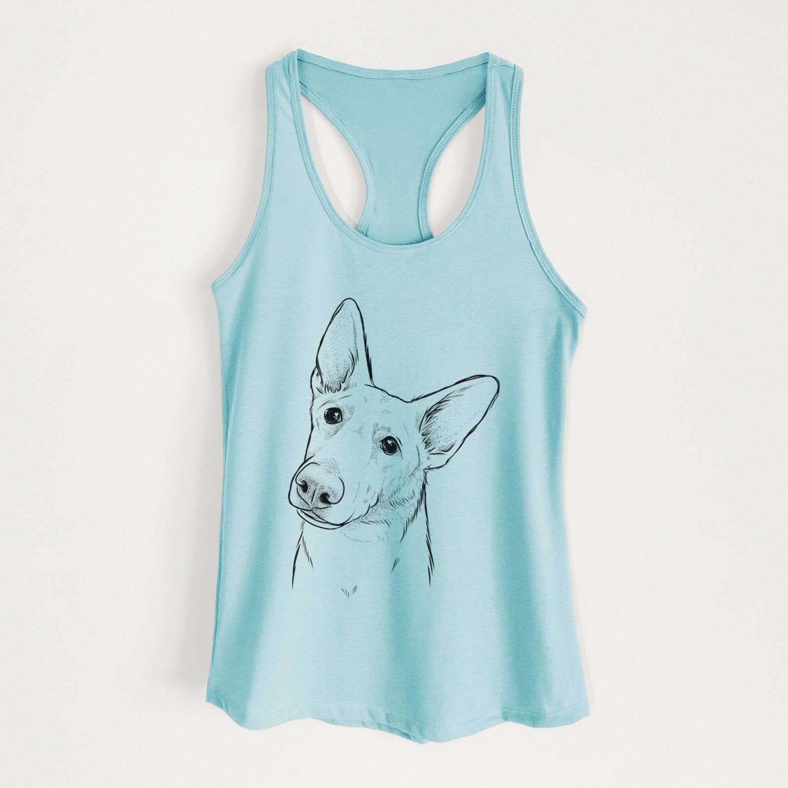 Hand-drawn sketch of Elsa the German Shepherd on a Cancun Blue Women's racerback tanktop