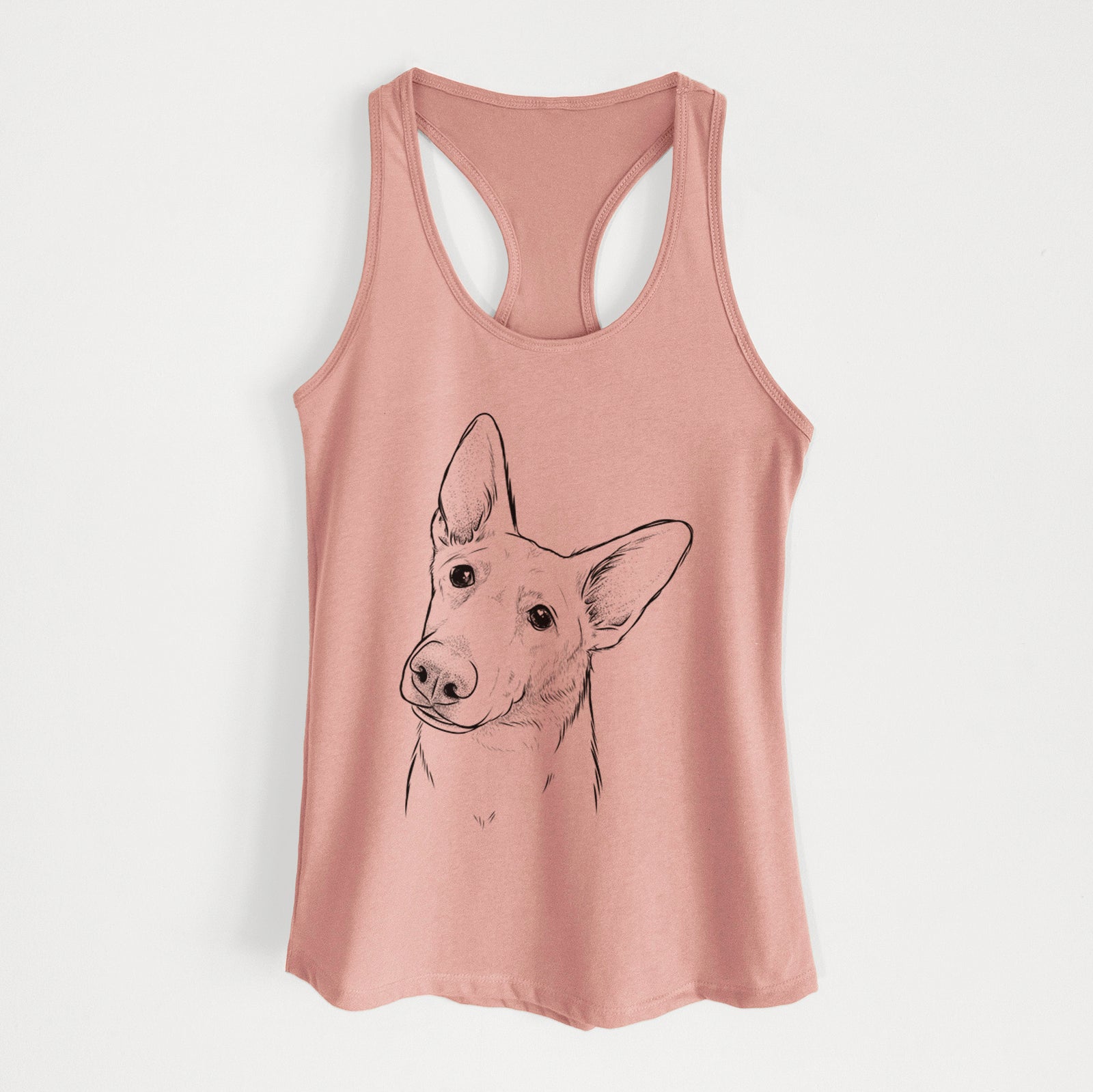 Hand-drawn sketch of Elsa the German Shepherd on a Desert Pink Women's racerback tanktop