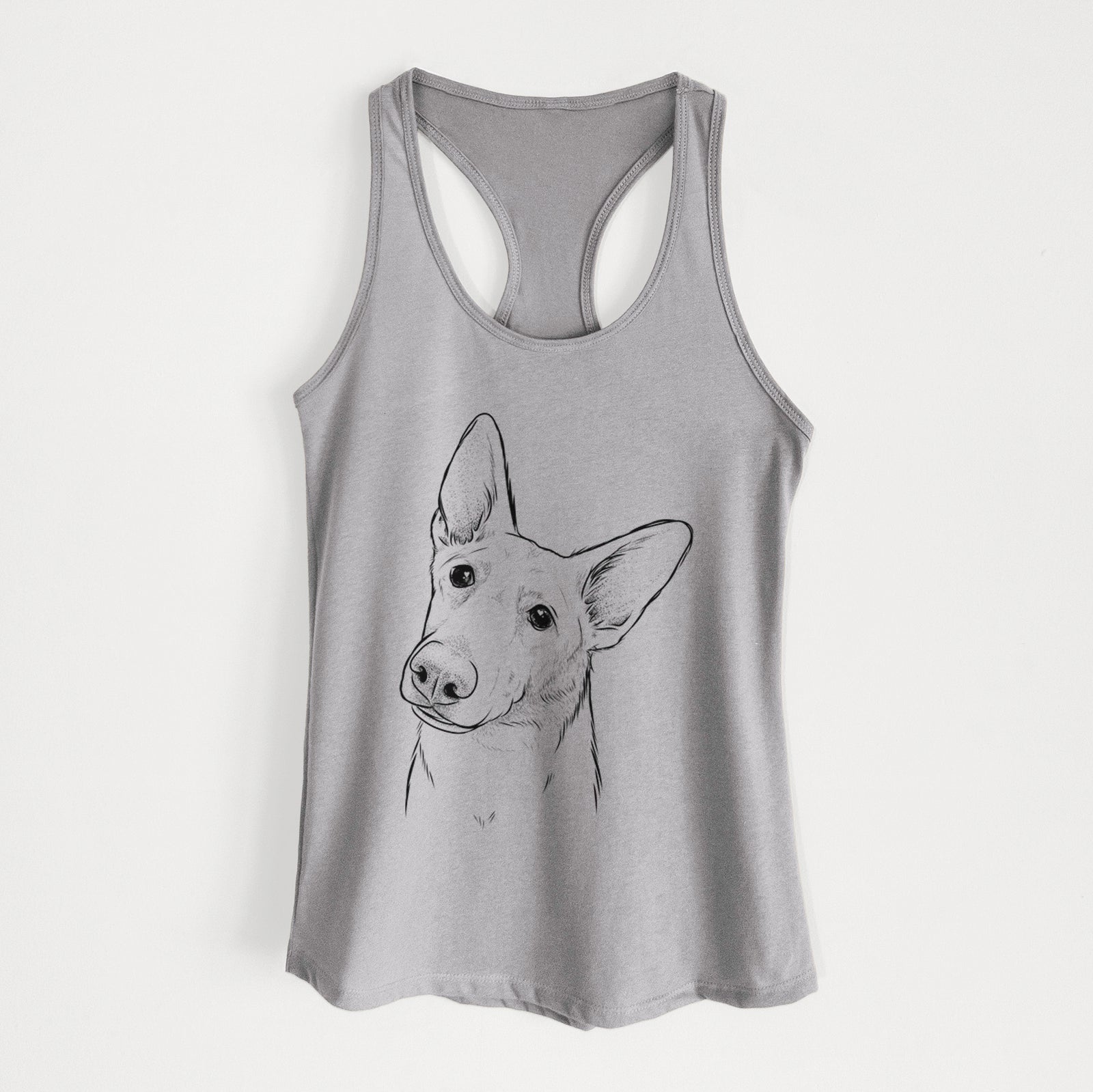 Hand-drawn sketch of Elsa the German Shepherd on a Heather Grey Women's racerback tanktop