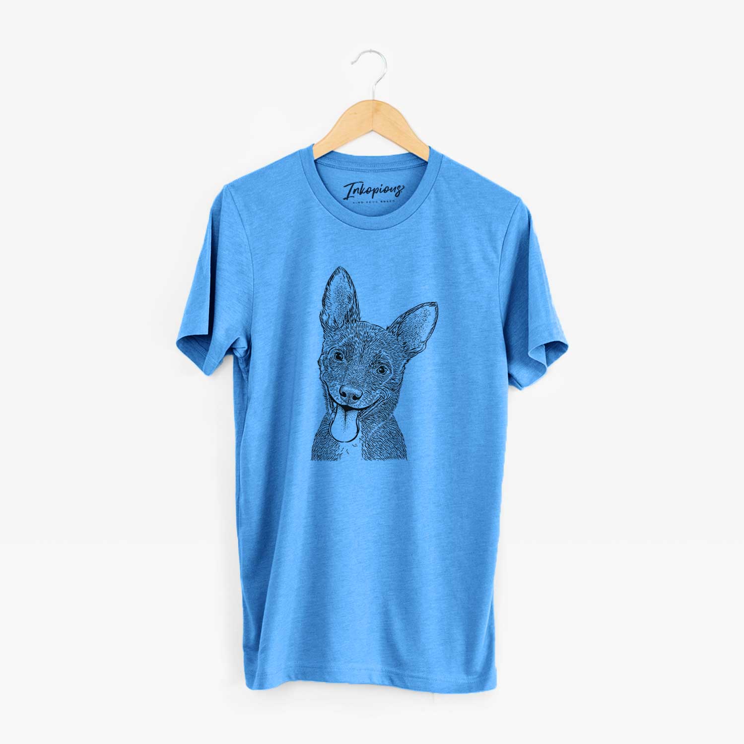 Hand-drawn sketch of Elvira the Terrier Mix on a Blue Unisex crewneck