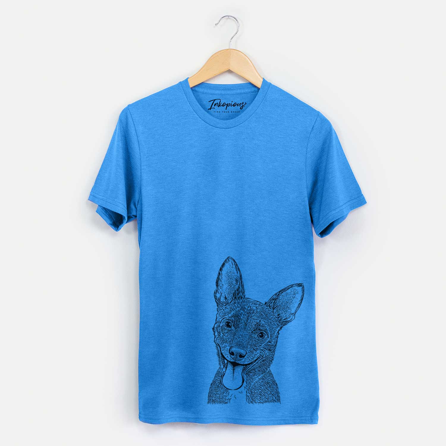 Hand-drawn sketch of Elvira the Terrier Mix on a Blue Unisex crewneck
