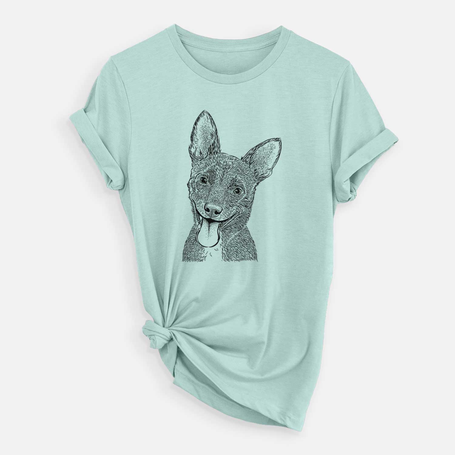 Hand-drawn sketch of Elvira the Terrier Mix on a Heather Sage Unisex crewneck