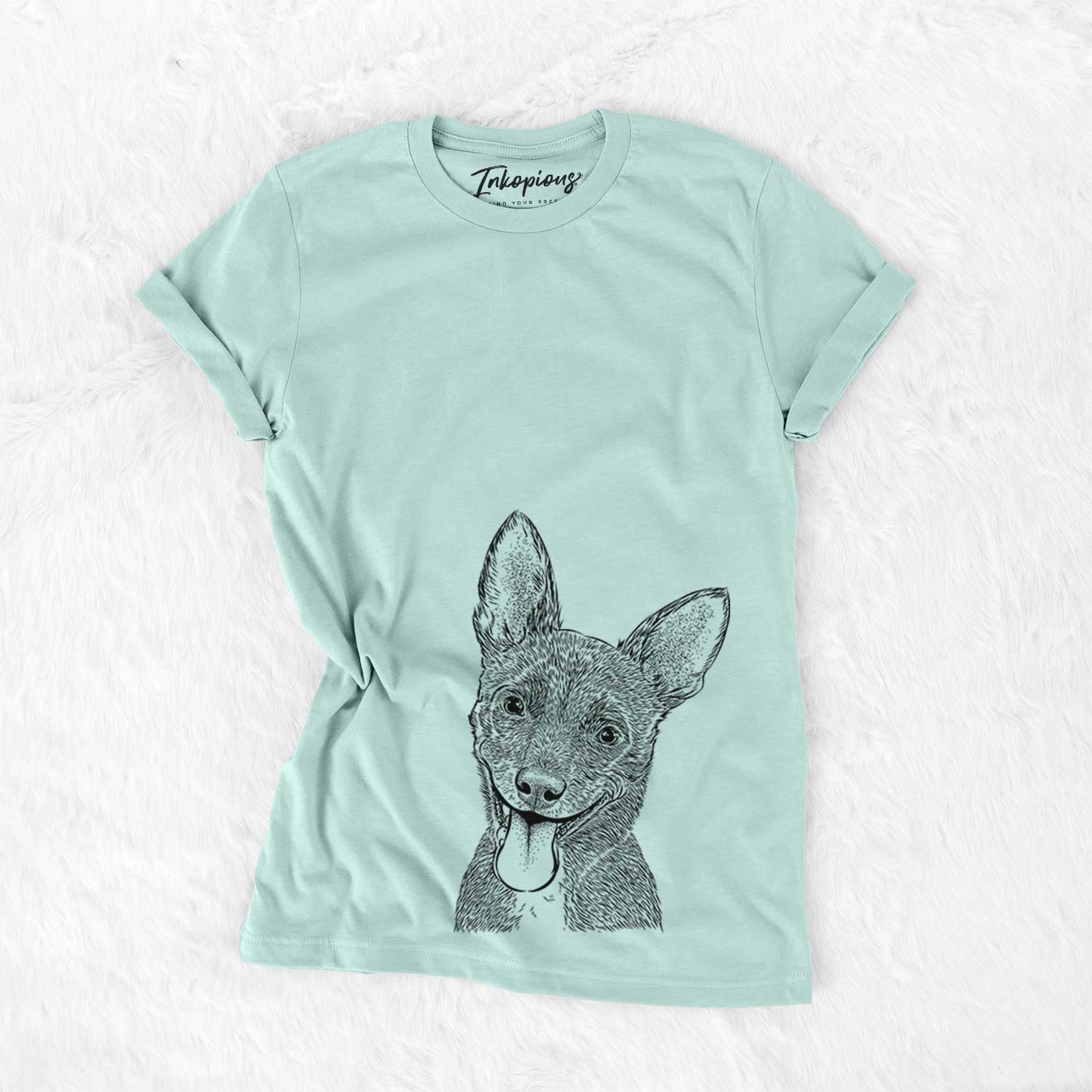 Hand-drawn sketch of Elvira the Terrier Mix on a Heather Sage Unisex crewneck