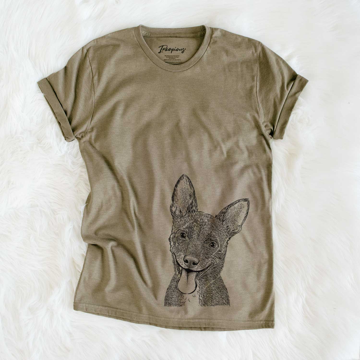 Hand-drawn sketch of Elvira the Terrier Mix on an Olive Unisex crewneck