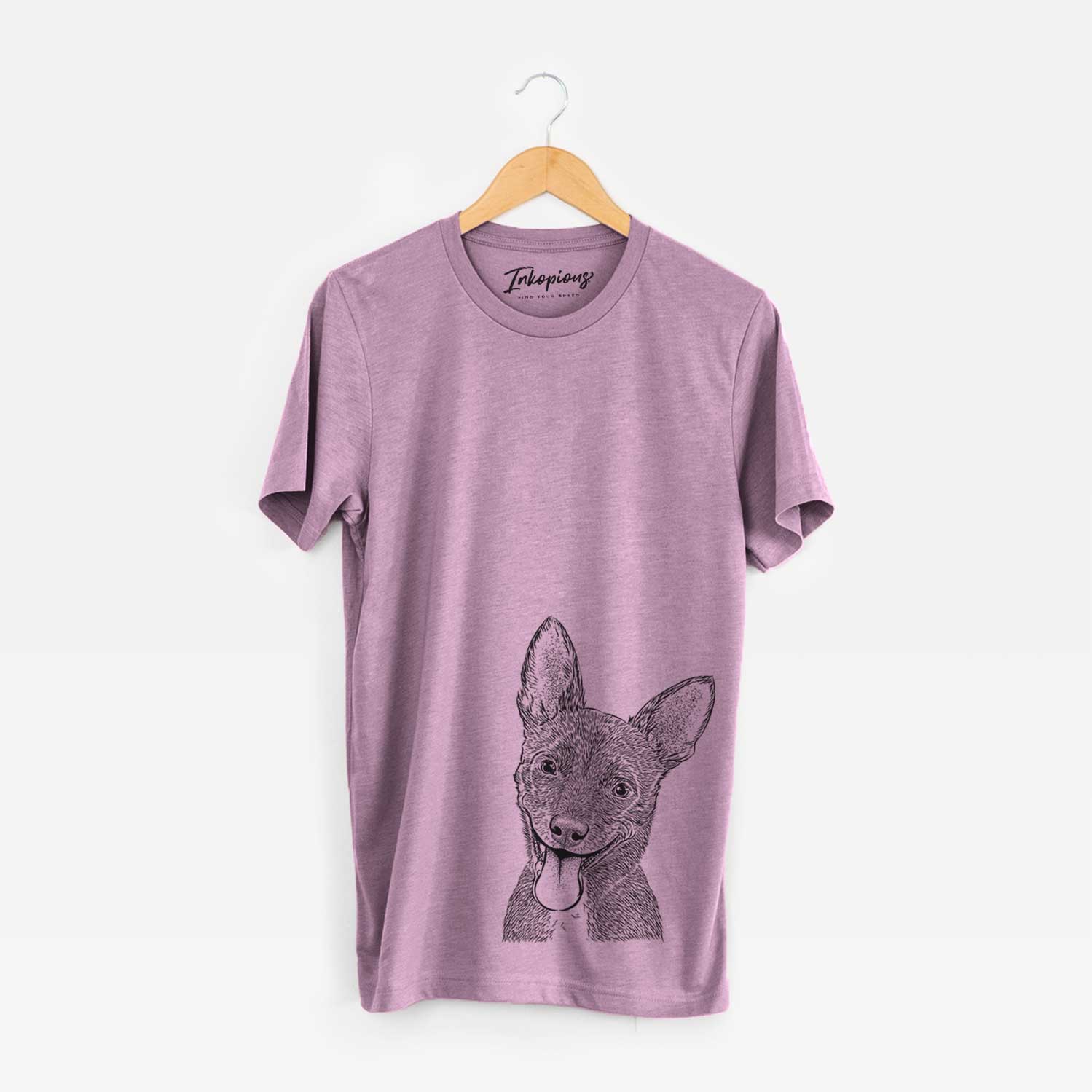 Hand-drawn sketch of Elvira the Terrier Mix on an Orchid Unisex crewneck