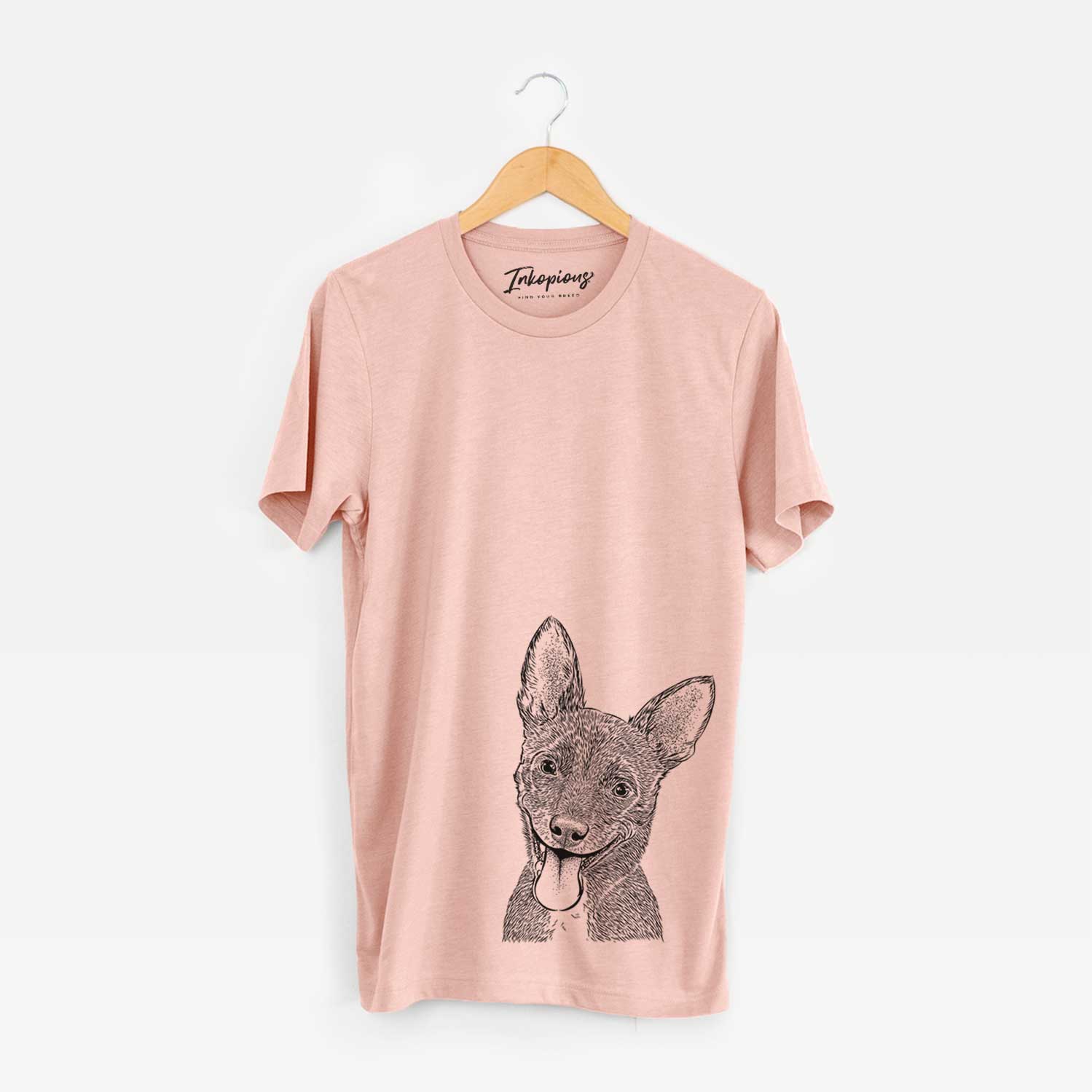 Hand-drawn sketch of Elvira the Terrier Mix on a Peach Unisex crewneck