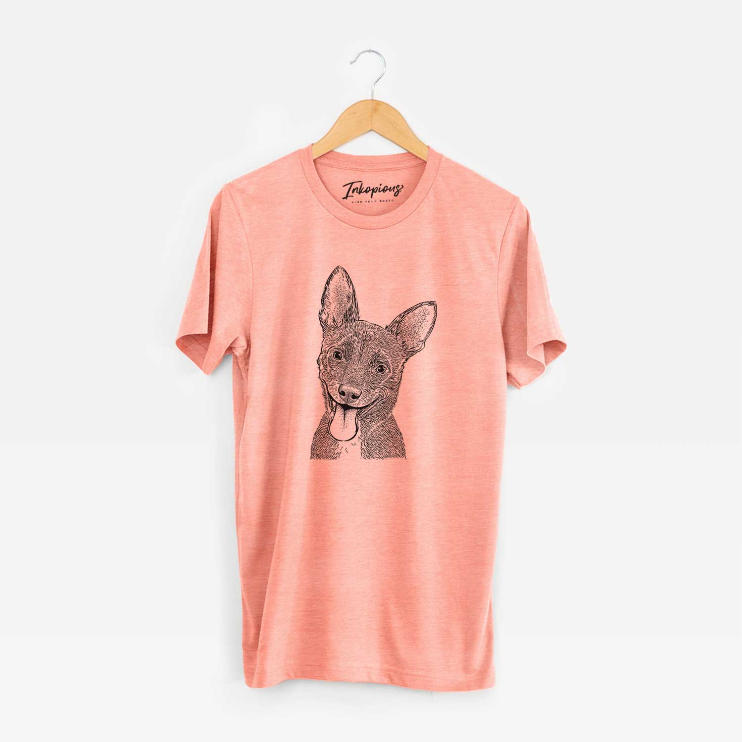 Hand-drawn sketch of Elvira the Terrier Mix on a Sunset Unisex crewneck