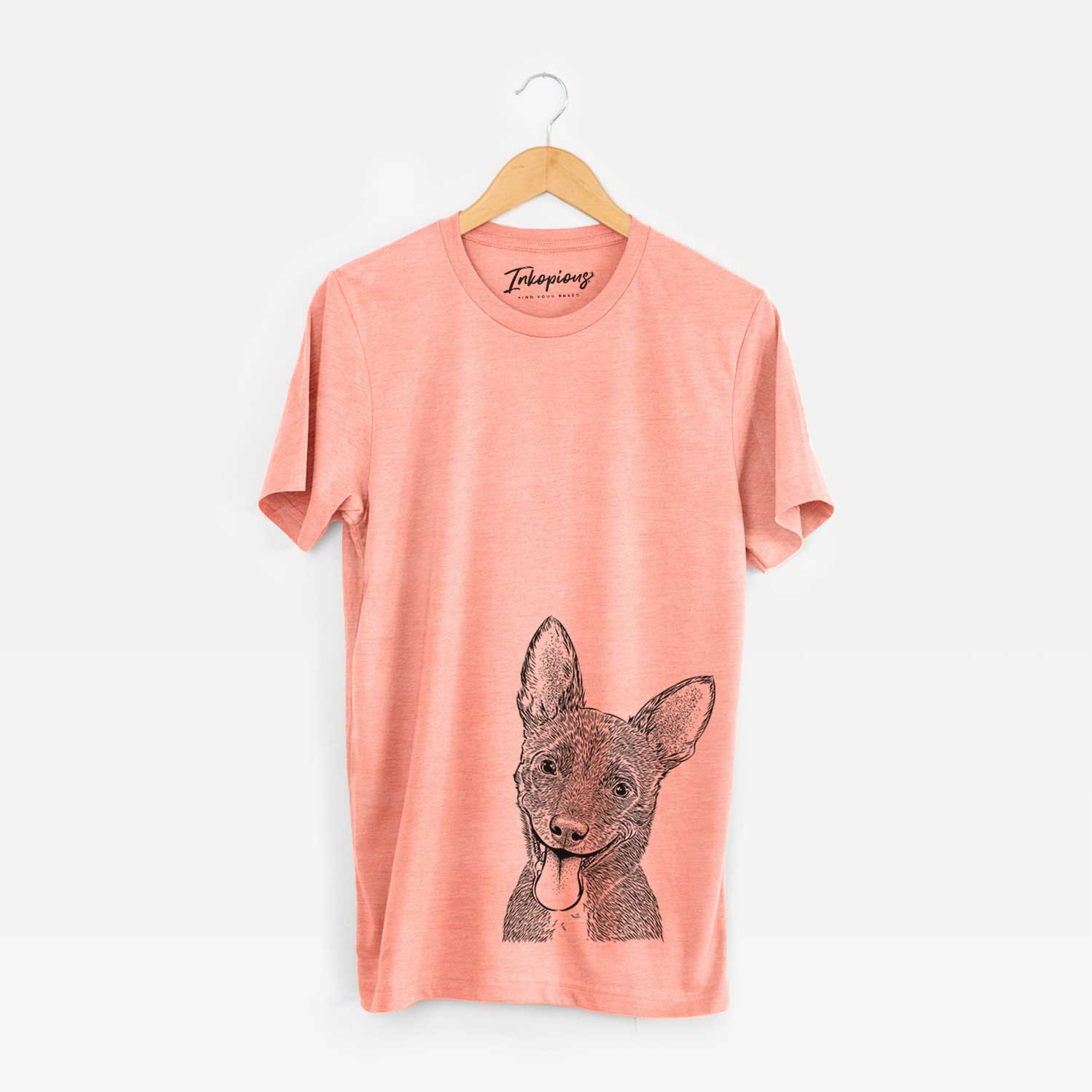 Hand-drawn sketch of Elvira the Terrier Mix on a Sunset Unisex crewneck