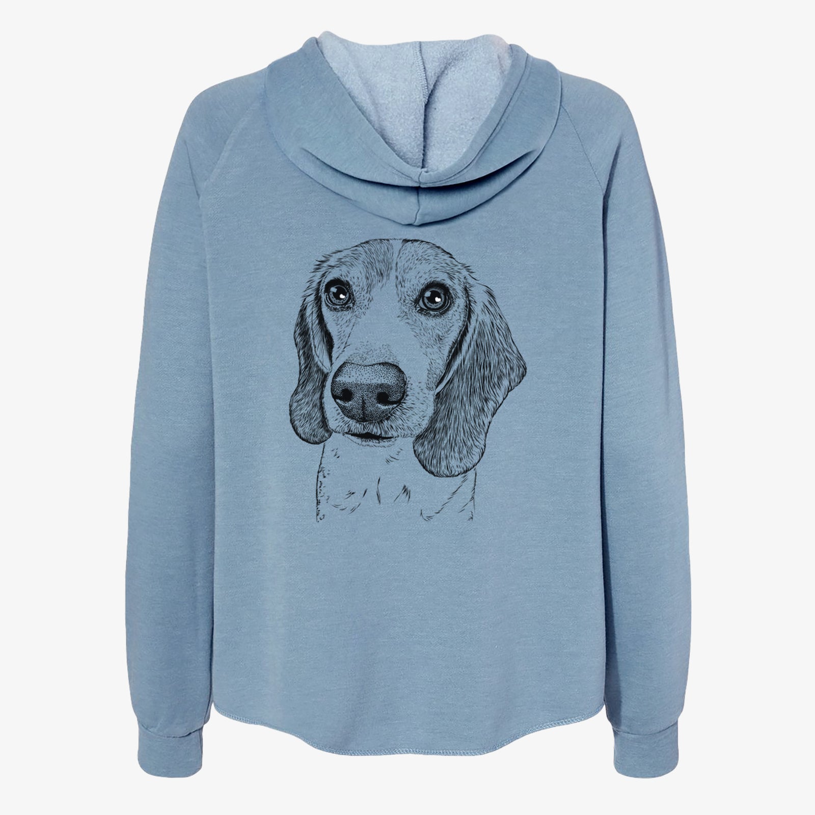 Hand-drawn sketch of Elvis the Bluetick Beagle on a Misty Blue Women's cali wave zip-up sweatshirt