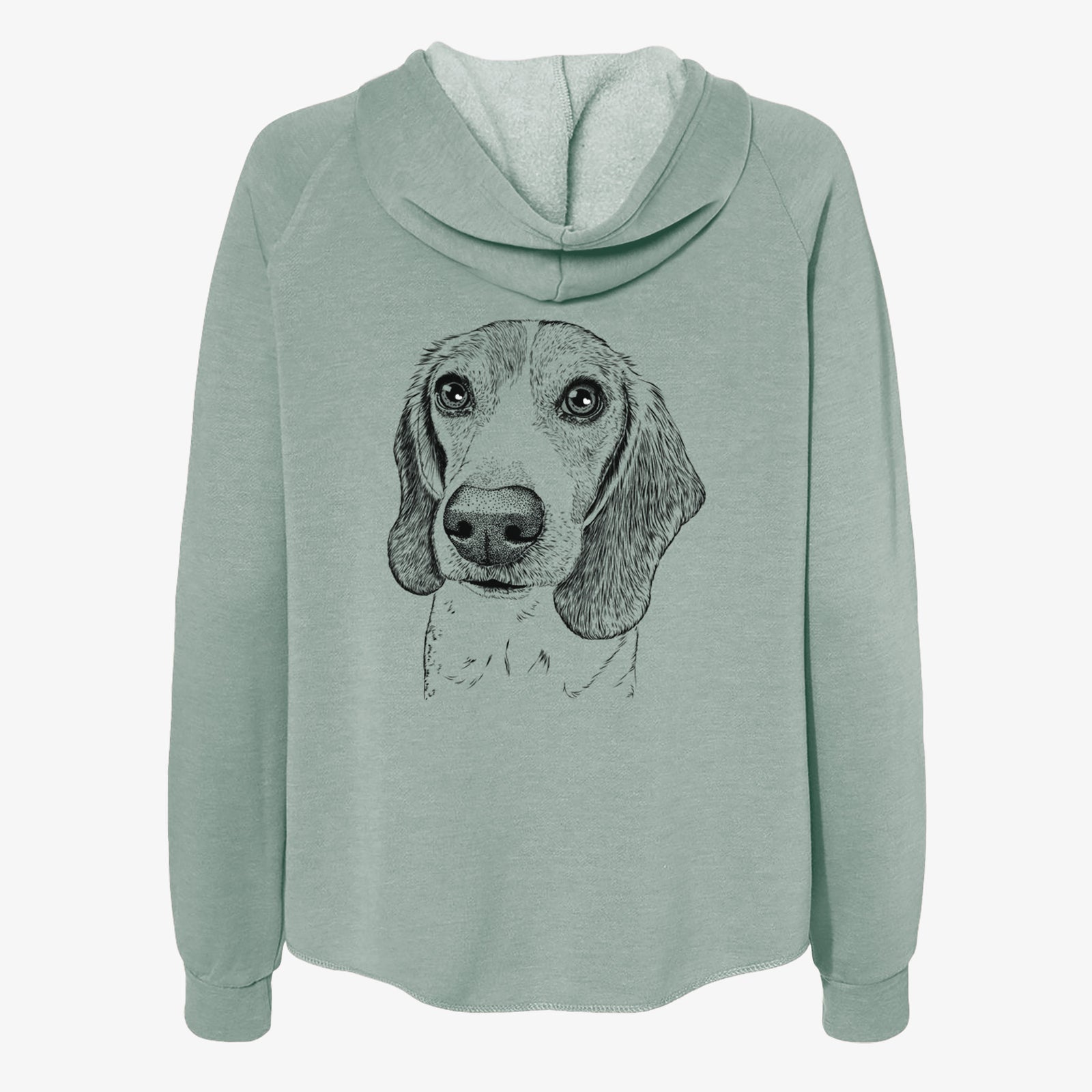 Hand-drawn sketch of Elvis the Bluetick Beagle on a Sage Women's cali wave zip-up sweatshirt