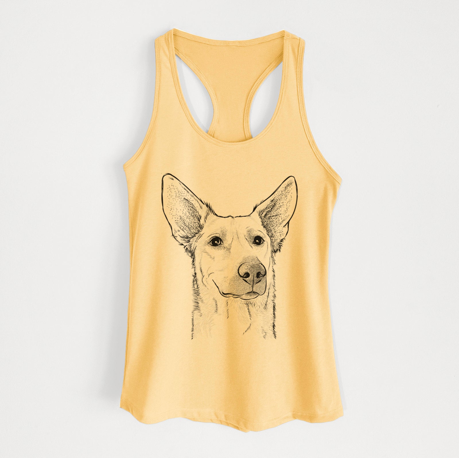 Hand-drawn sketch of Ember the Shepherd Mix on a Banana Cream Women's racerback tanktop