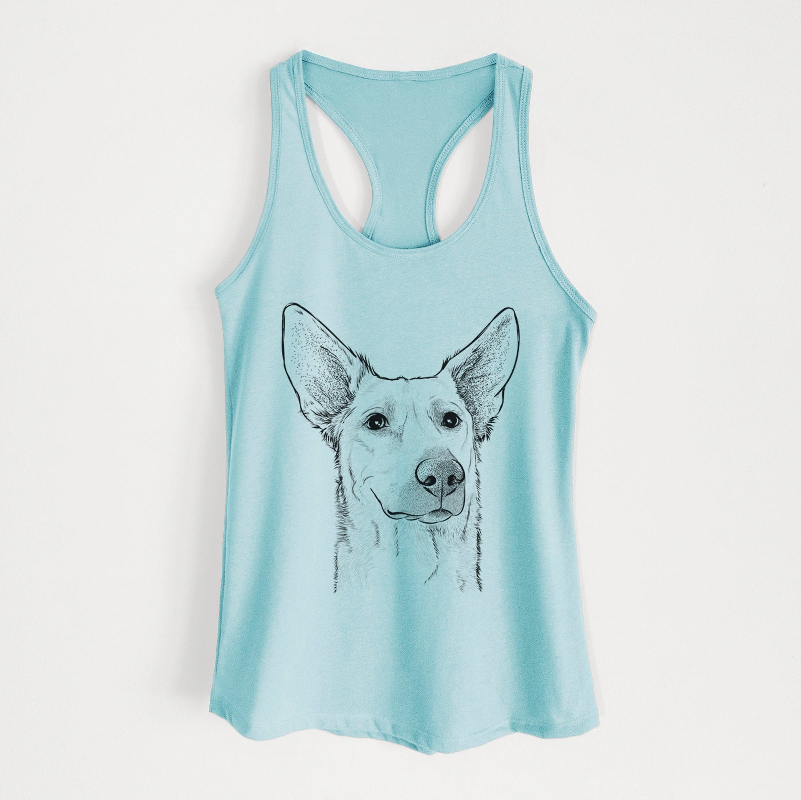 Hand-drawn sketch of Ember the Shepherd Mix on a Cancun Blue Women's racerback tanktop