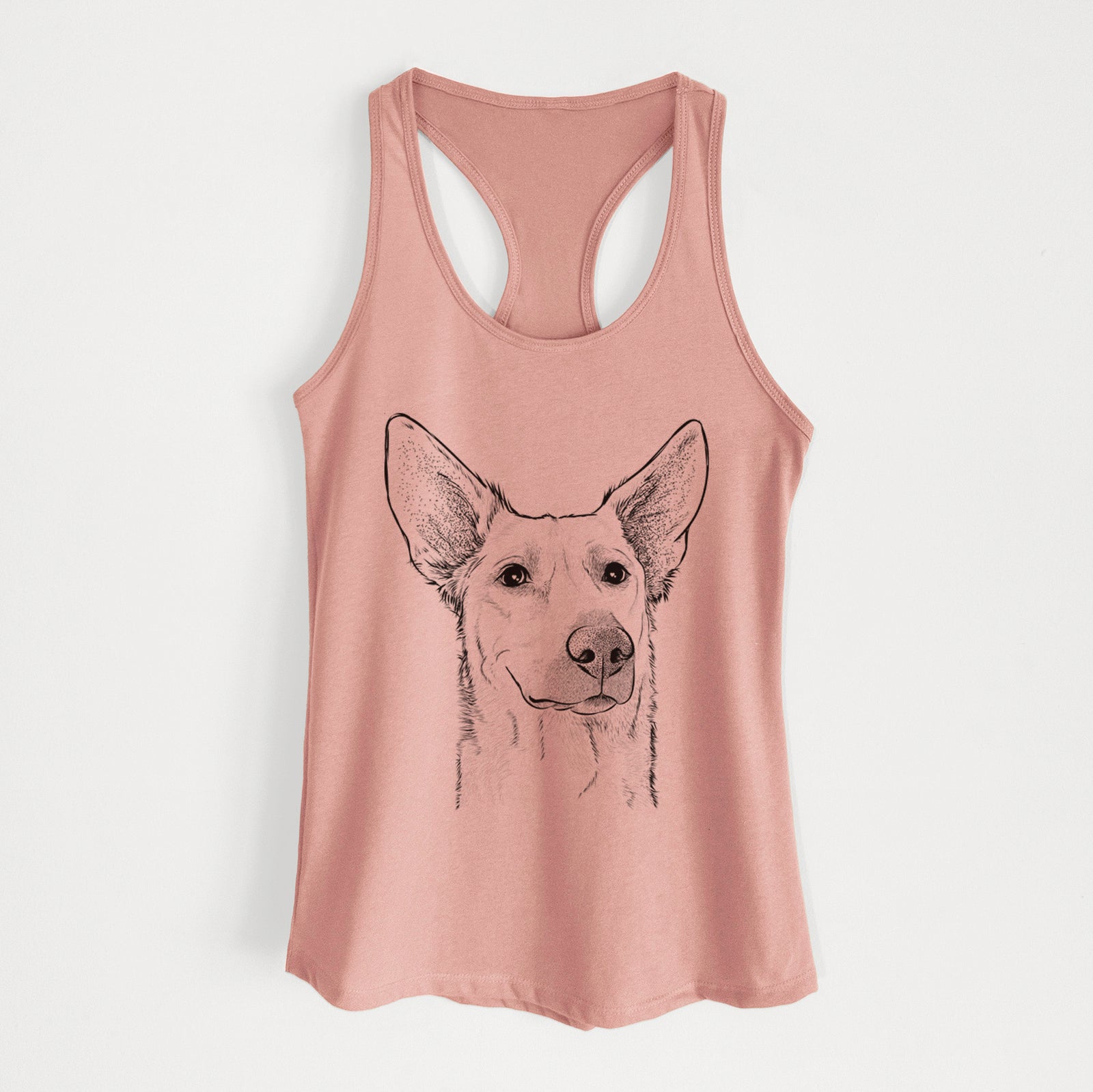Hand-drawn sketch of Ember the Shepherd Mix on a Desert Pink Women's racerback tanktop