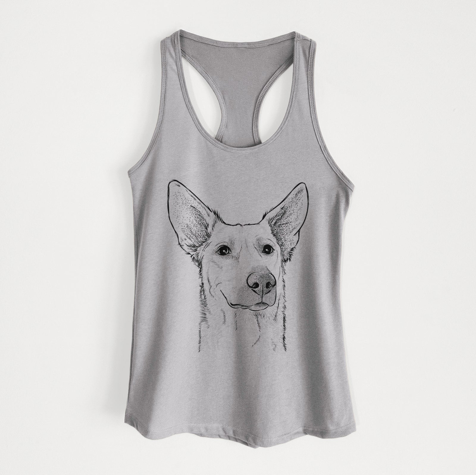 Hand-drawn sketch of Ember the Shepherd Mix on a Heather Grey Women's racerback tanktop