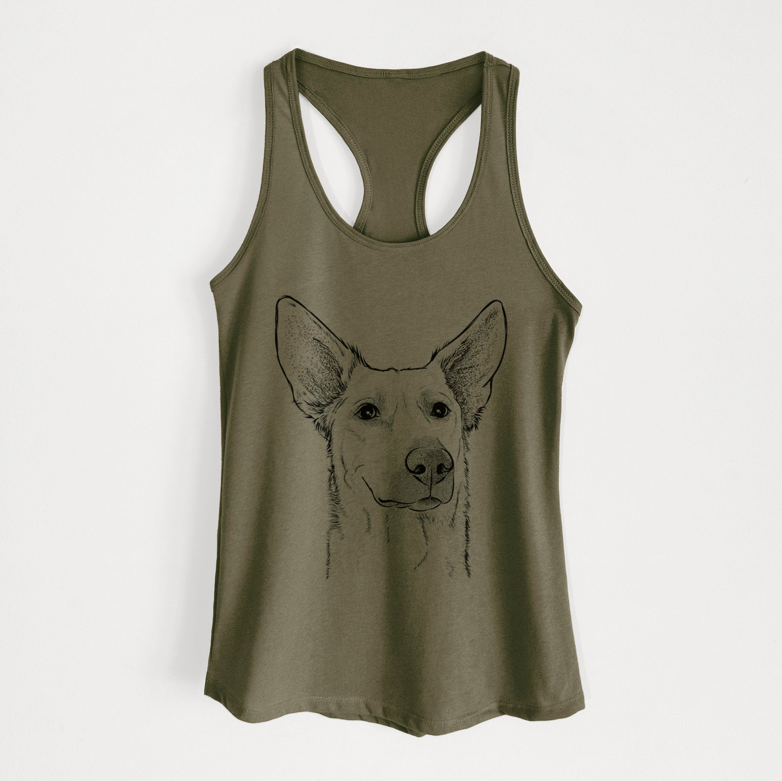 Hand-drawn sketch of Ember the Shepherd Mix on a Military Green Women's racerback tanktop
