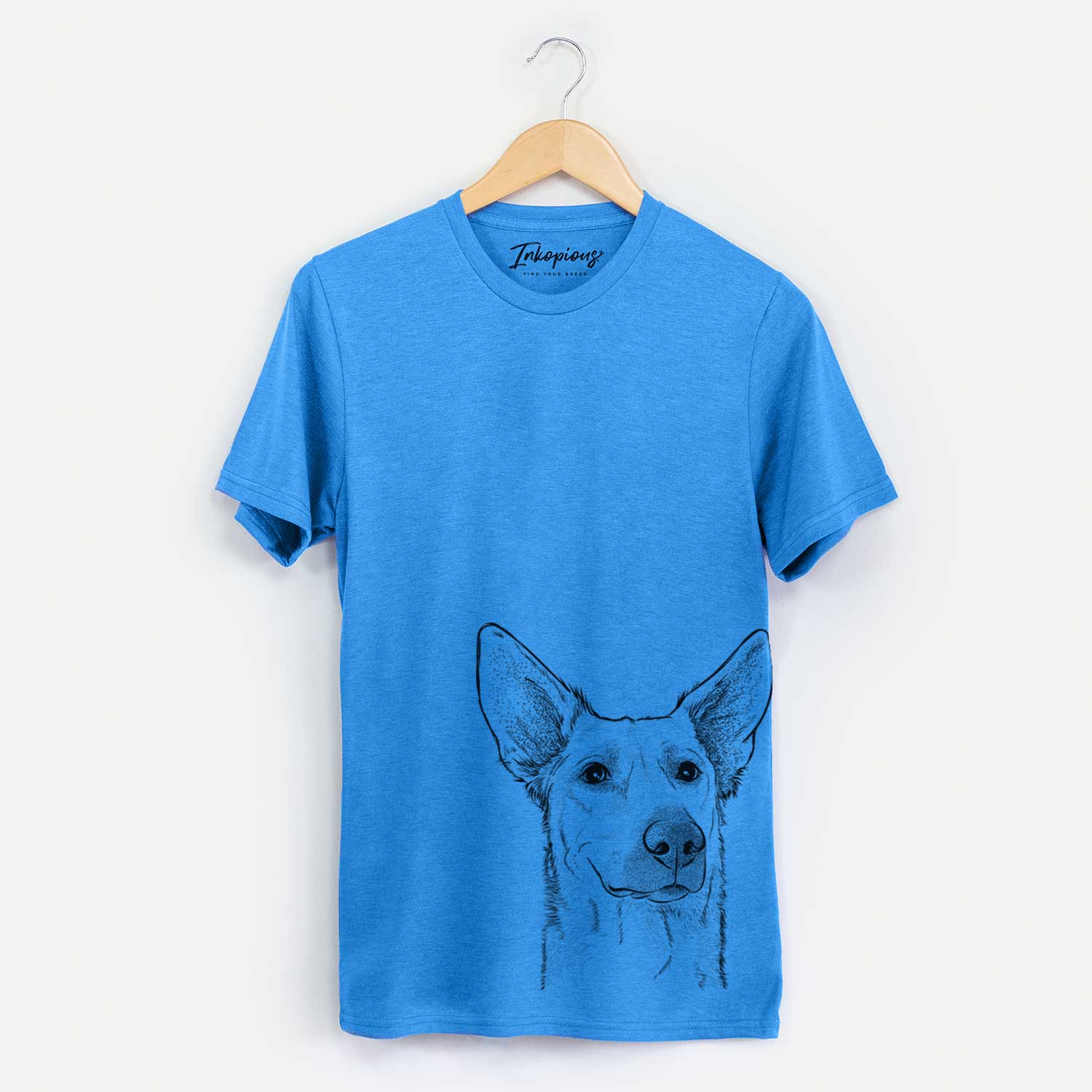 Hand-drawn sketch of Ember the Shepherd Mix on a Blue Unisex crewneck