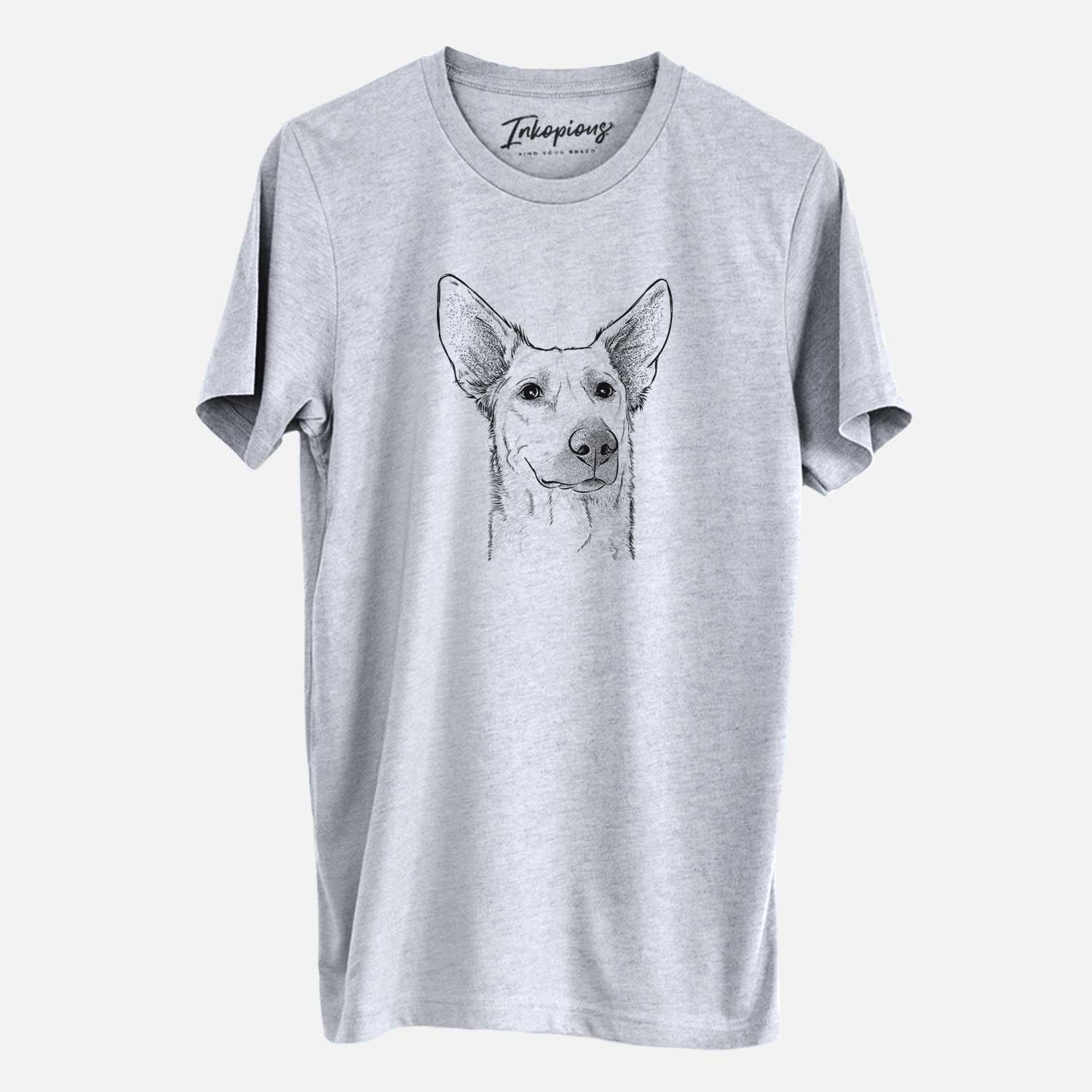 Hand-drawn sketch of Ember the Shepherd Mix on a Grey Unisex crewneck