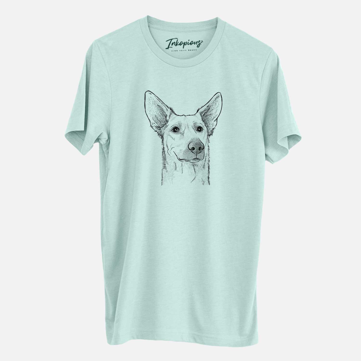 Hand-drawn sketch of Ember the Shepherd Mix on a Heather Sage Unisex crewneck