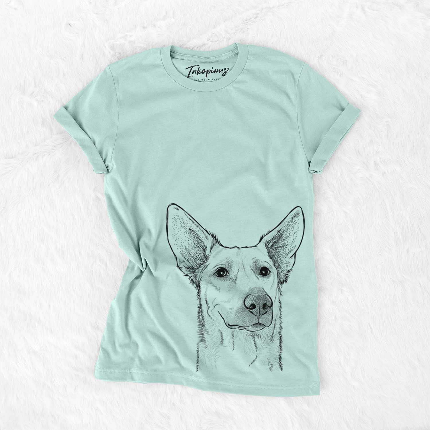 Hand-drawn sketch of Ember the Shepherd Mix on a Heather Sage Unisex crewneck