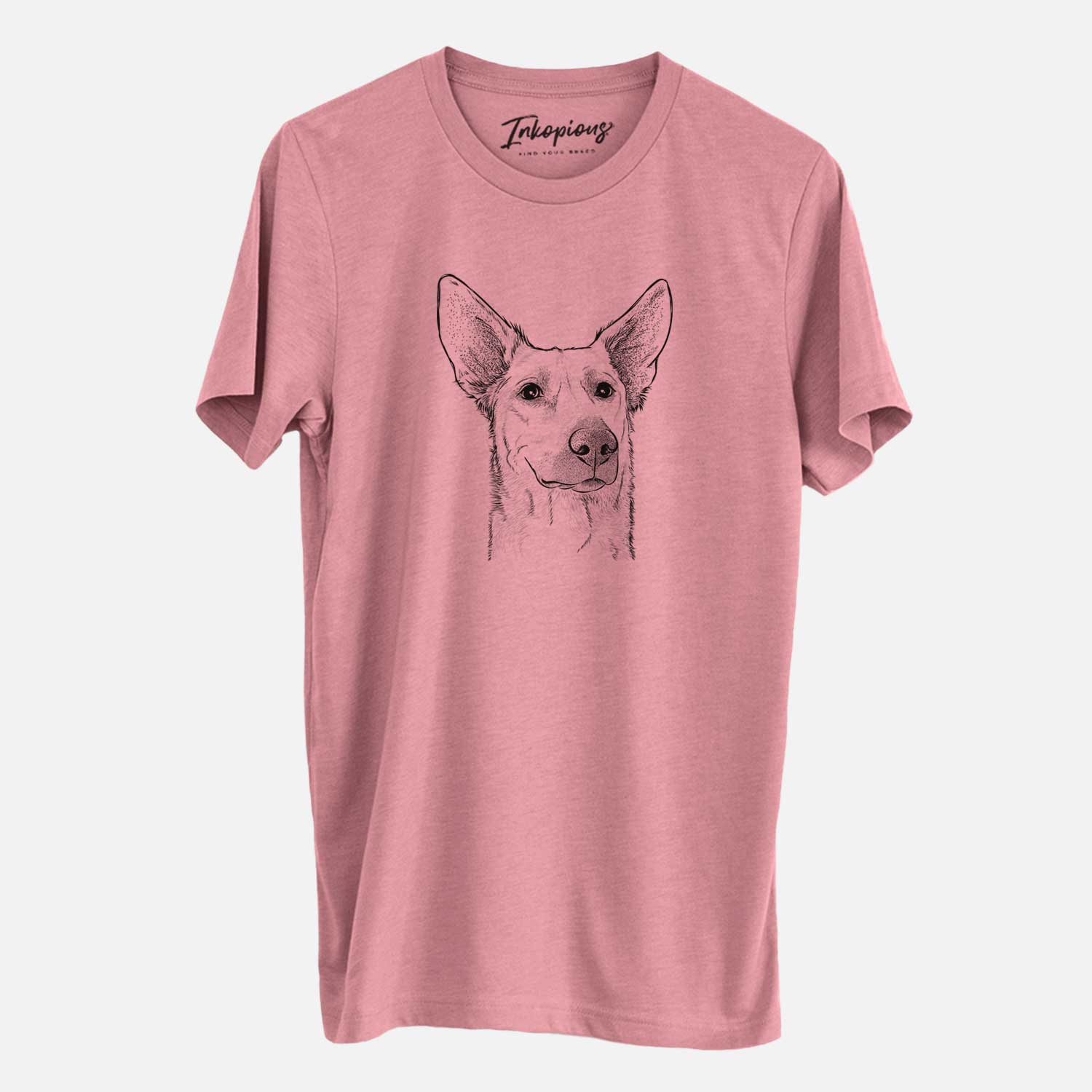 Hand-drawn sketch of Ember the Shepherd Mix on a Mauve Unisex crewneck