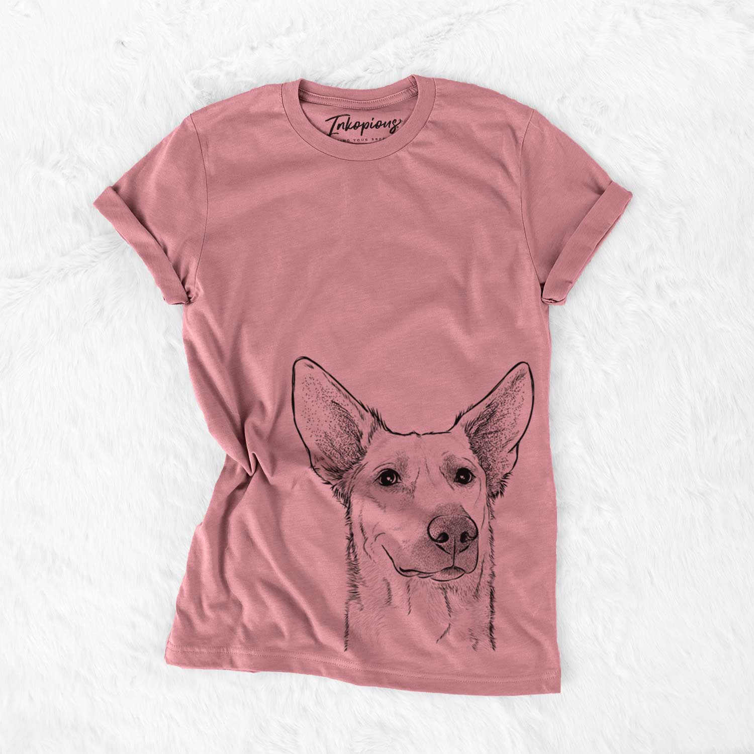 Hand-drawn sketch of Ember the Shepherd Mix on a Mauve Unisex crewneck
