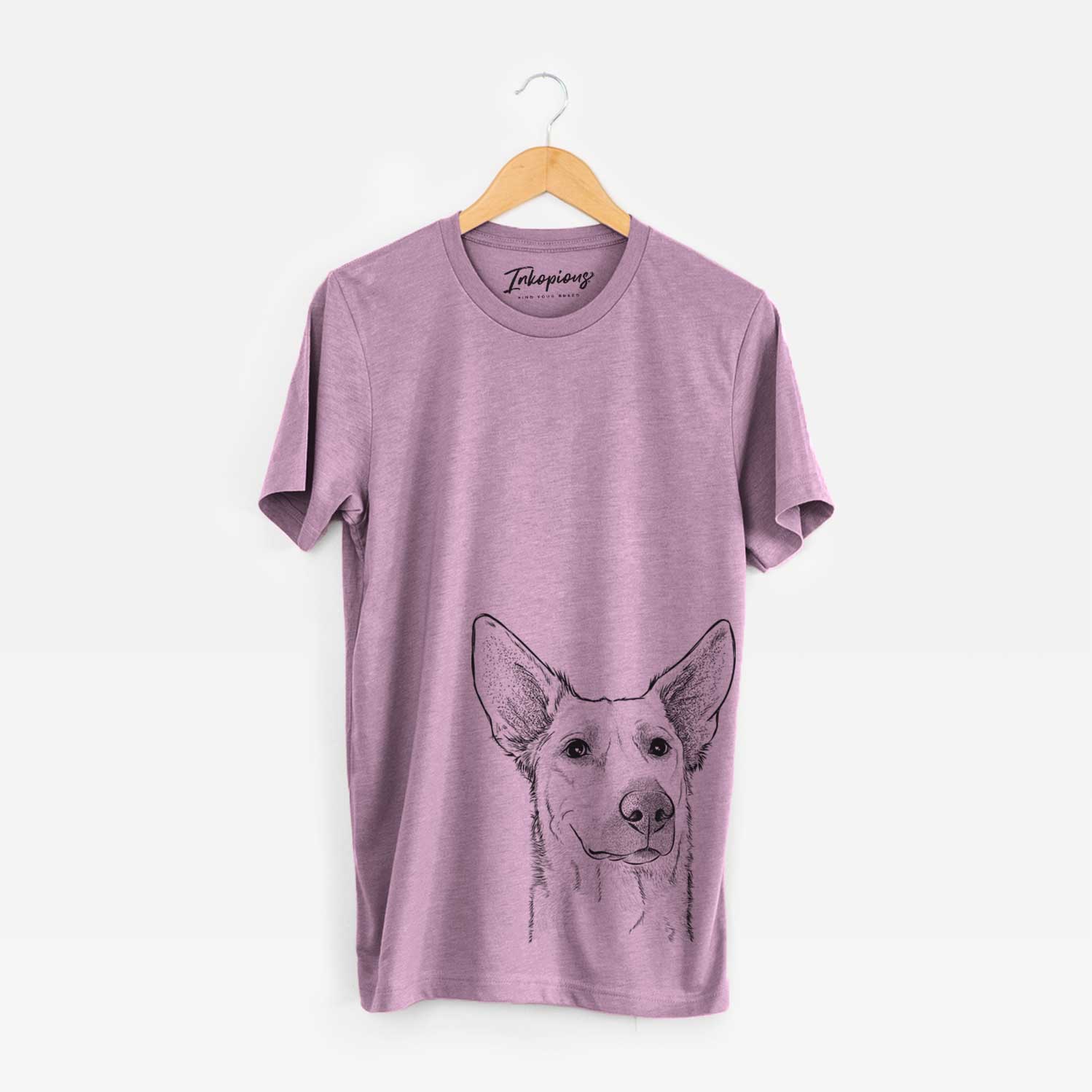 Hand-drawn sketch of Ember the Shepherd Mix on an Orchid Unisex crewneck