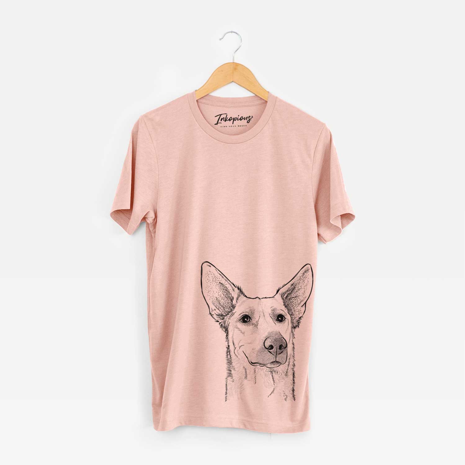 Hand-drawn sketch of Ember the Shepherd Mix on a Peach Unisex crewneck