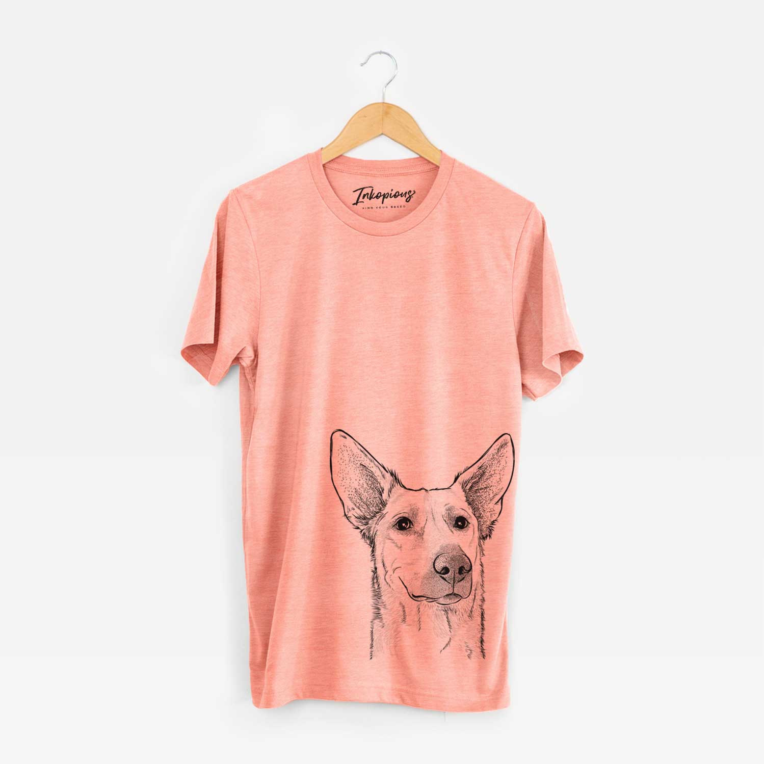 Hand-drawn sketch of Ember the Shepherd Mix on a Sunset Unisex crewneck
