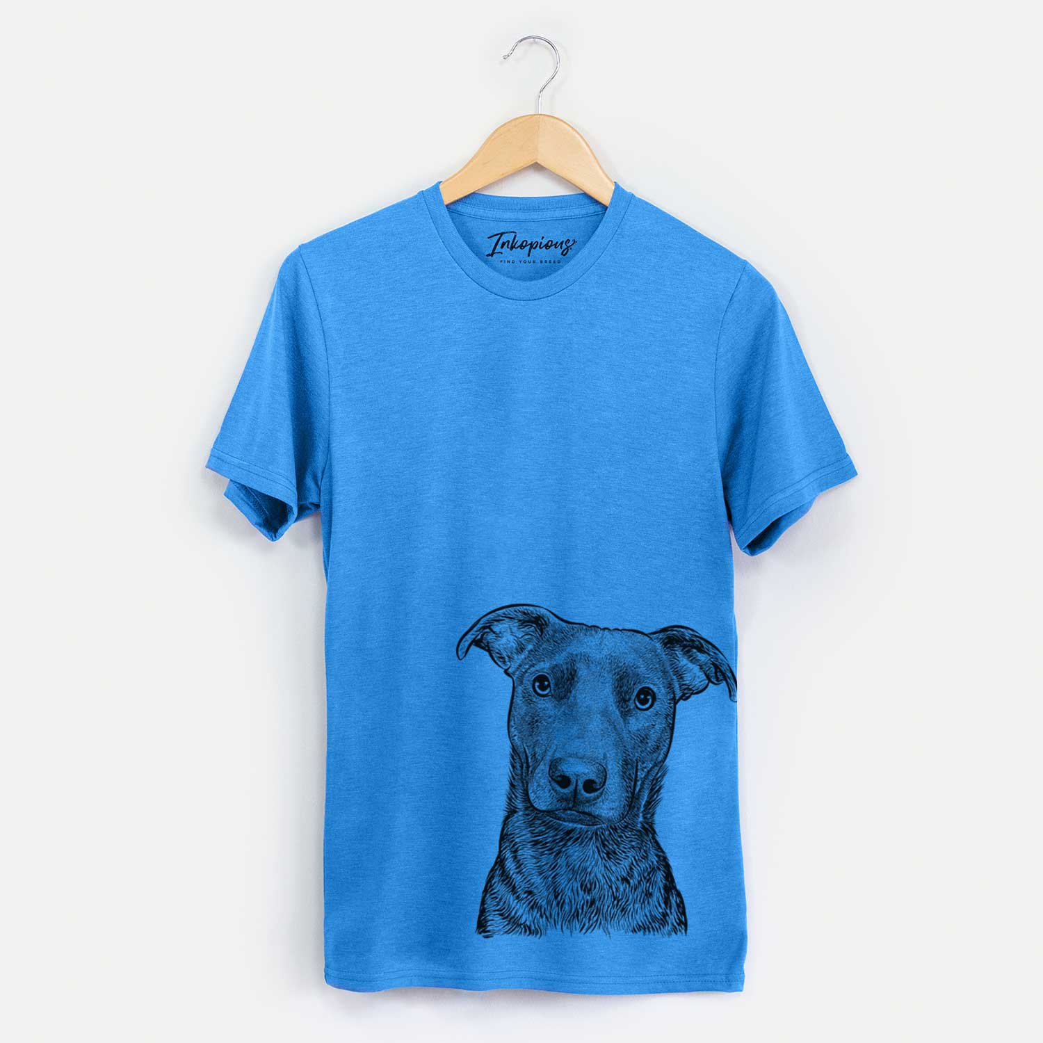 Hand-drawn sketch of Embyr the Mixed Breed on a Blue Unisex crewneck