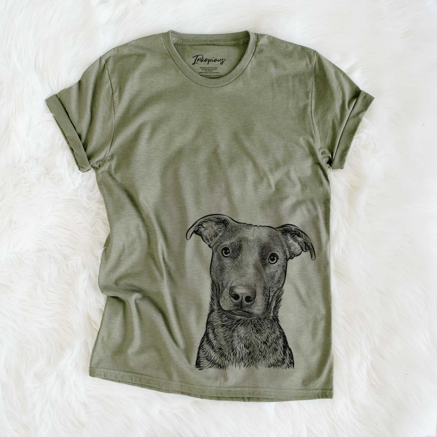 Hand-drawn sketch of Embyr the Mixed Breed on an Olive Unisex crewneck