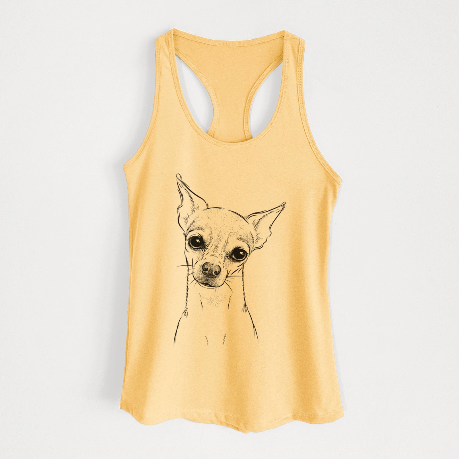 Hand-drawn sketch of Emee the Chihuahua on a Banana Cream Women's racerback tanktop