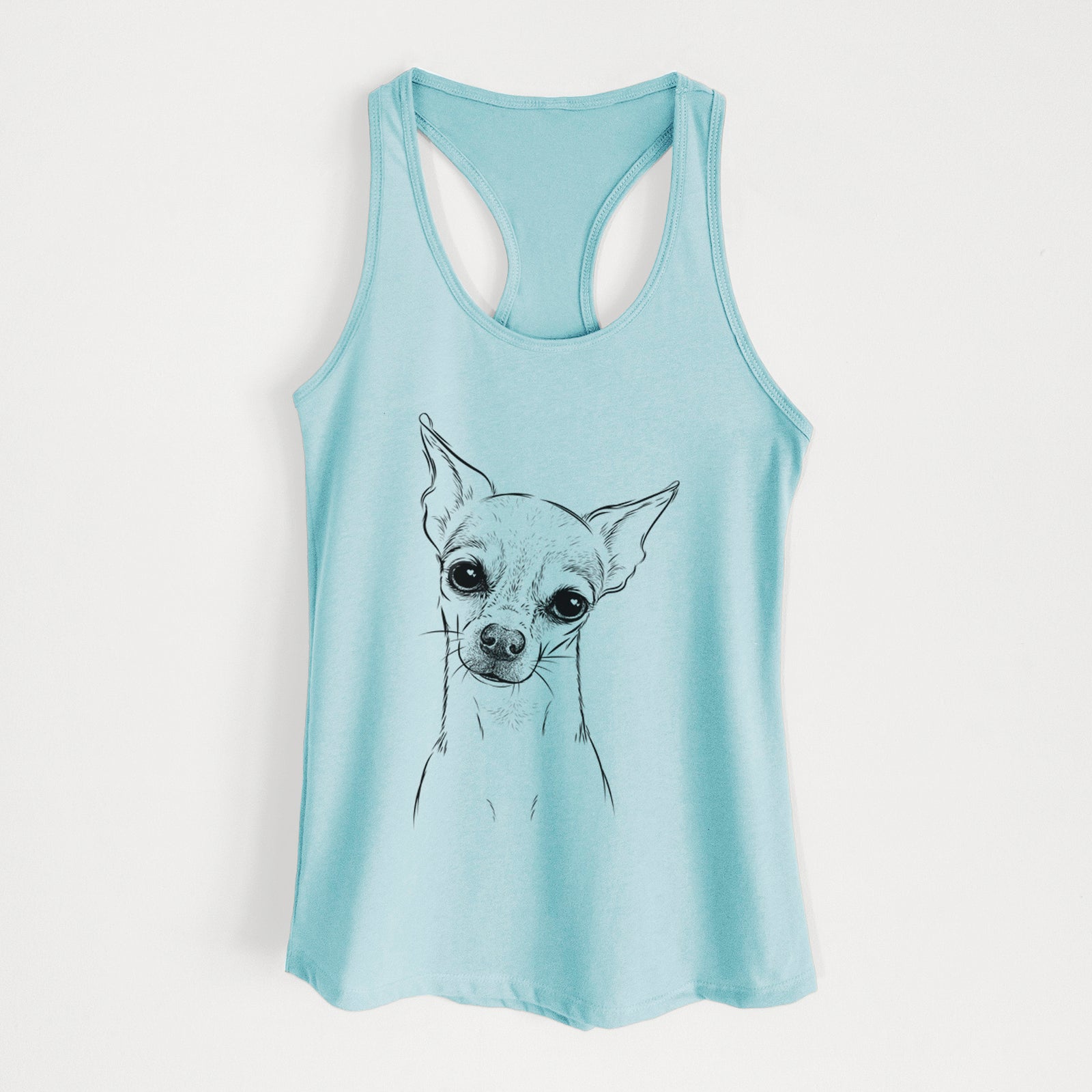 Hand-drawn sketch of Emee the Chihuahua on a Cancun Blue Women's racerback tanktop