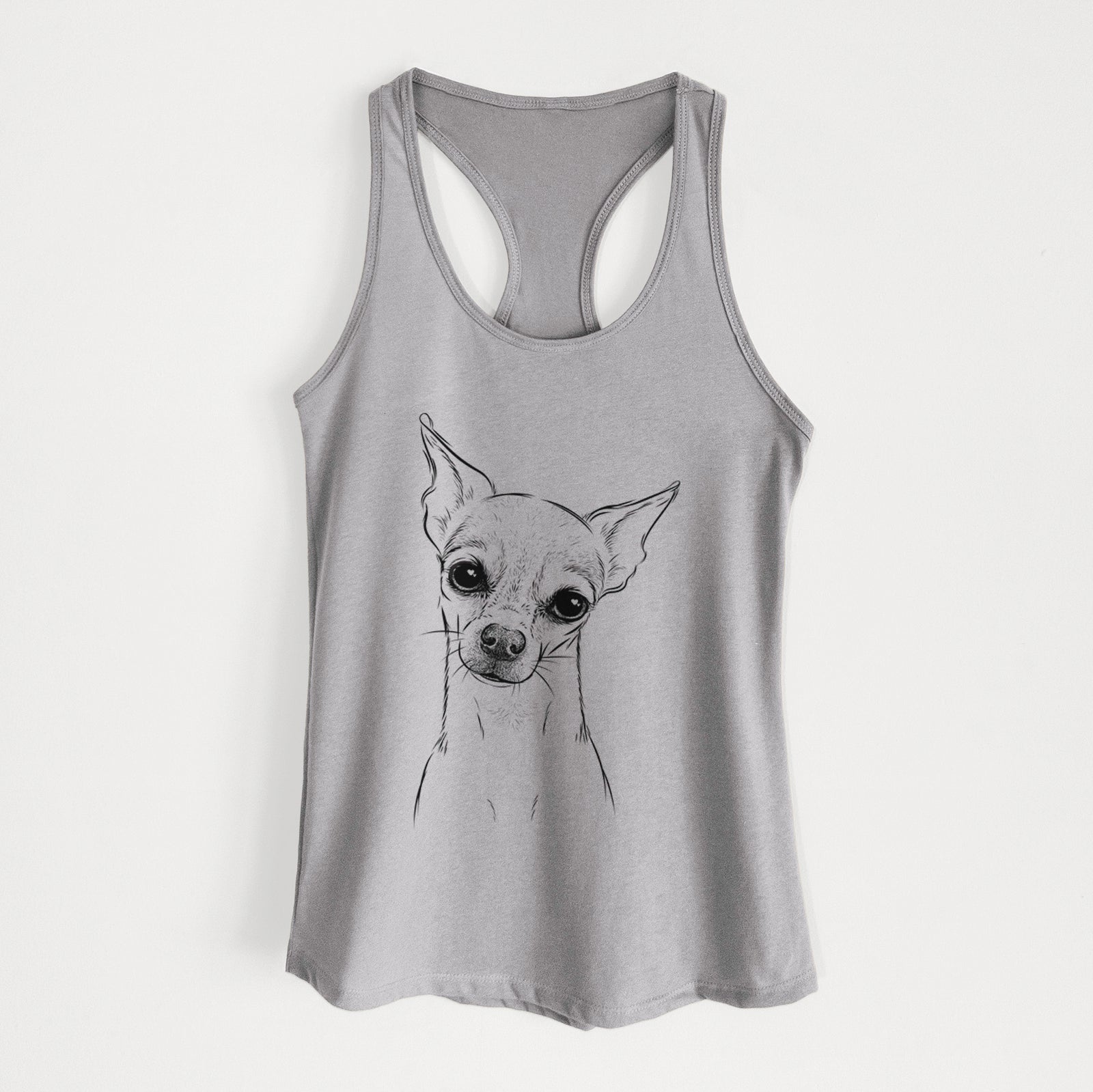 Hand-drawn sketch of Emee the Chihuahua on a Heather Grey Women's racerback tanktop