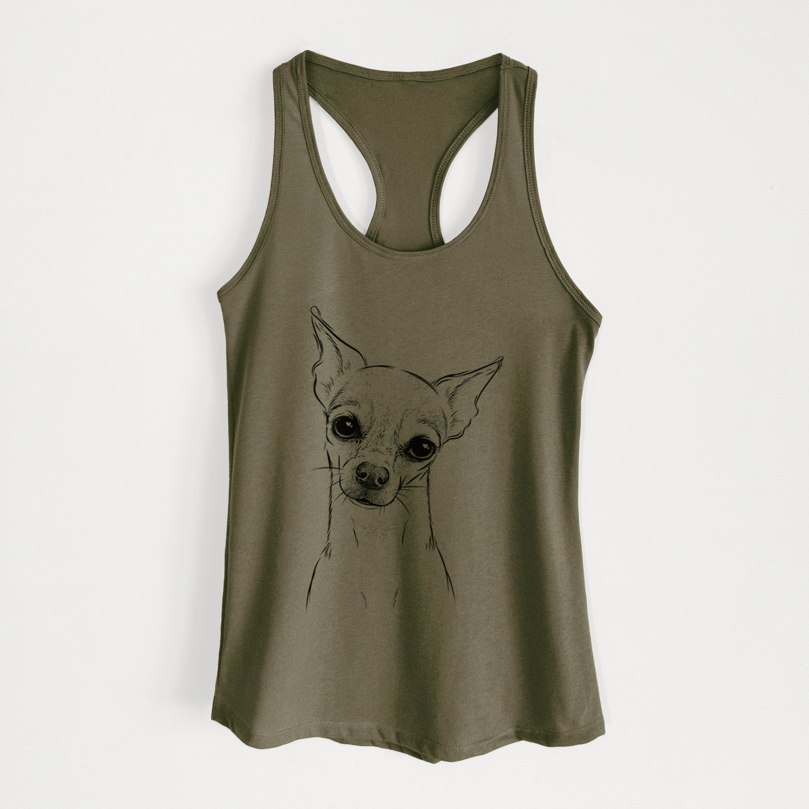 Hand-drawn sketch of Emee the Chihuahua on a Military Green Women's racerback tanktop