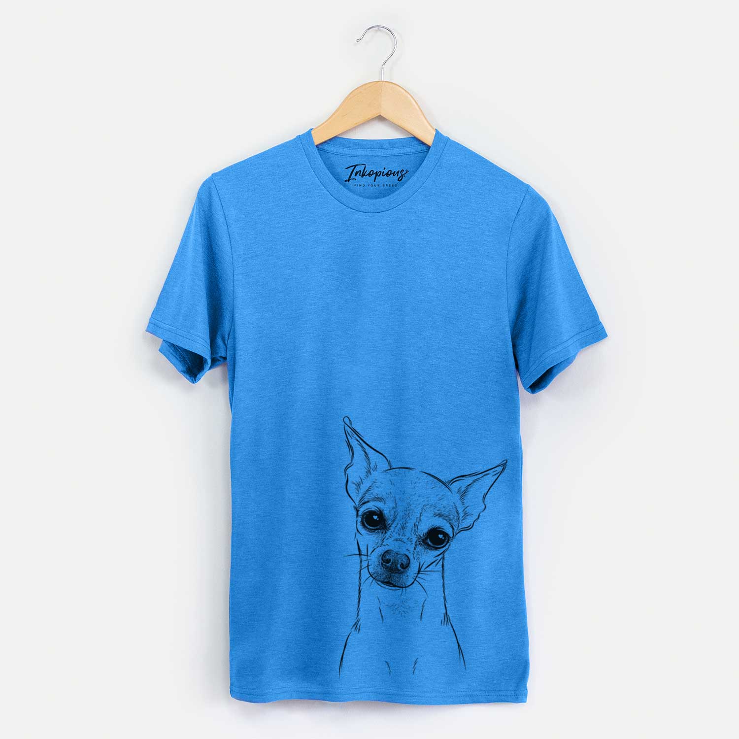 Hand-drawn sketch of Emee the Chihuahua on a Blue Unisex crewneck