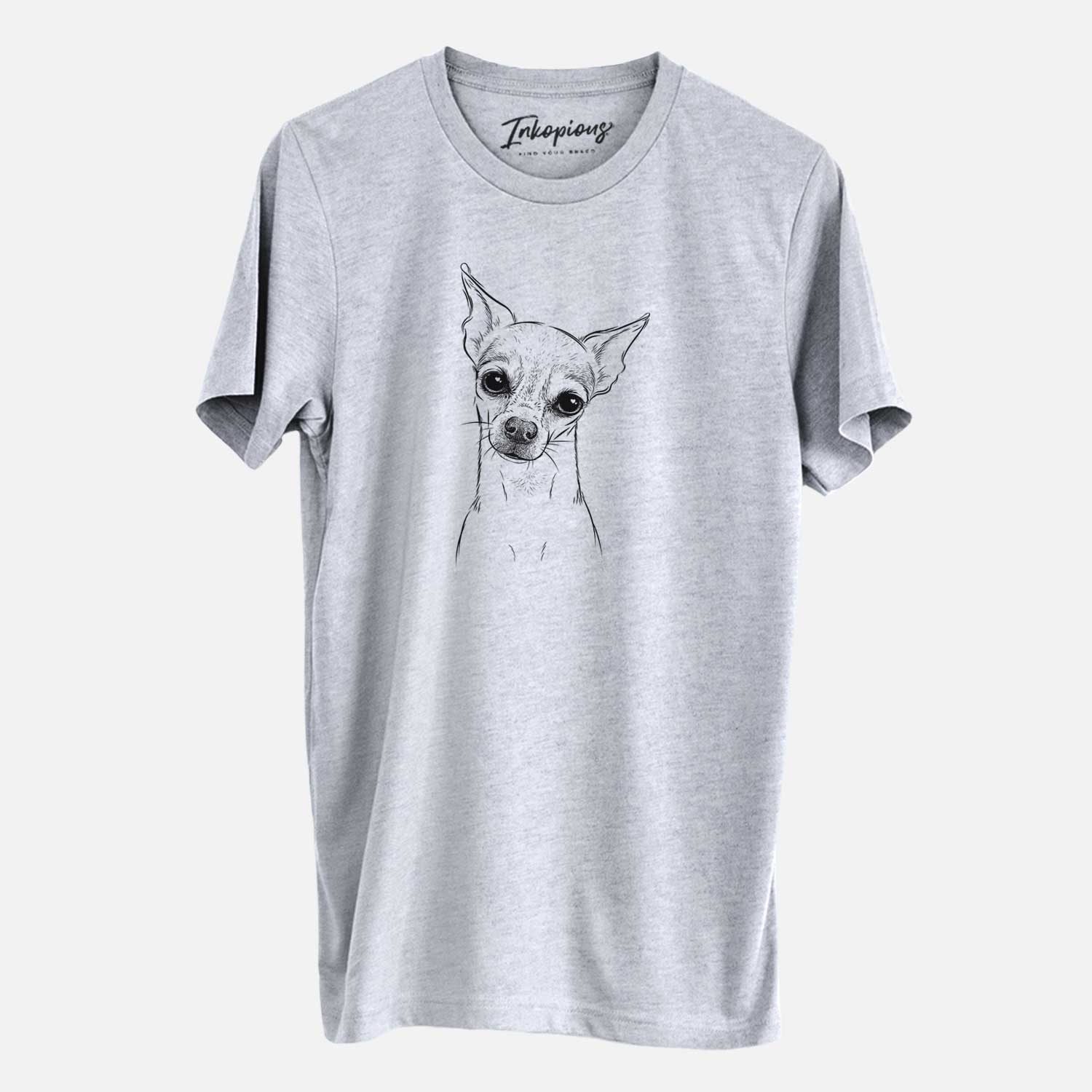 Hand-drawn sketch of Emee the Chihuahua on a Grey Unisex crewneck
