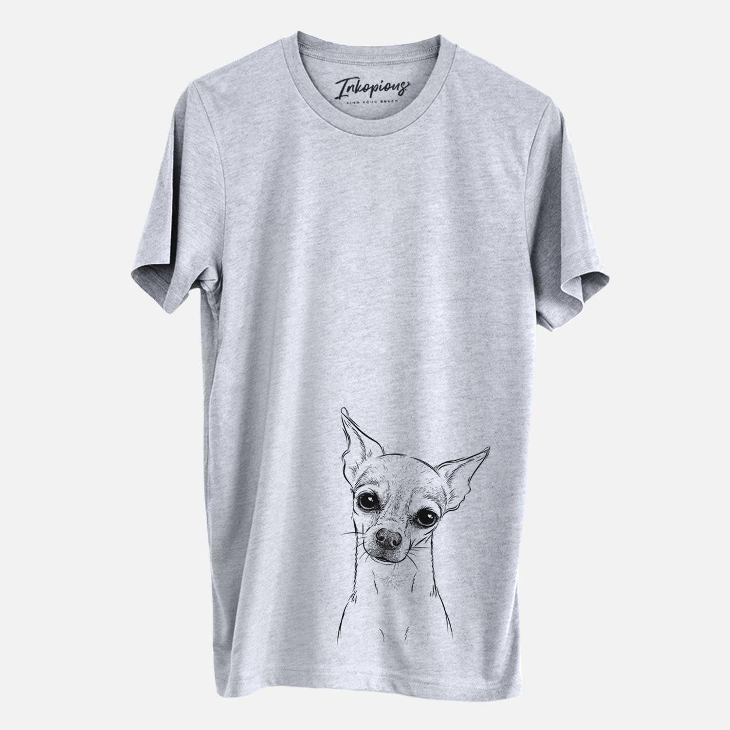 Hand-drawn sketch of Emee the Chihuahua on a Grey Unisex crewneck