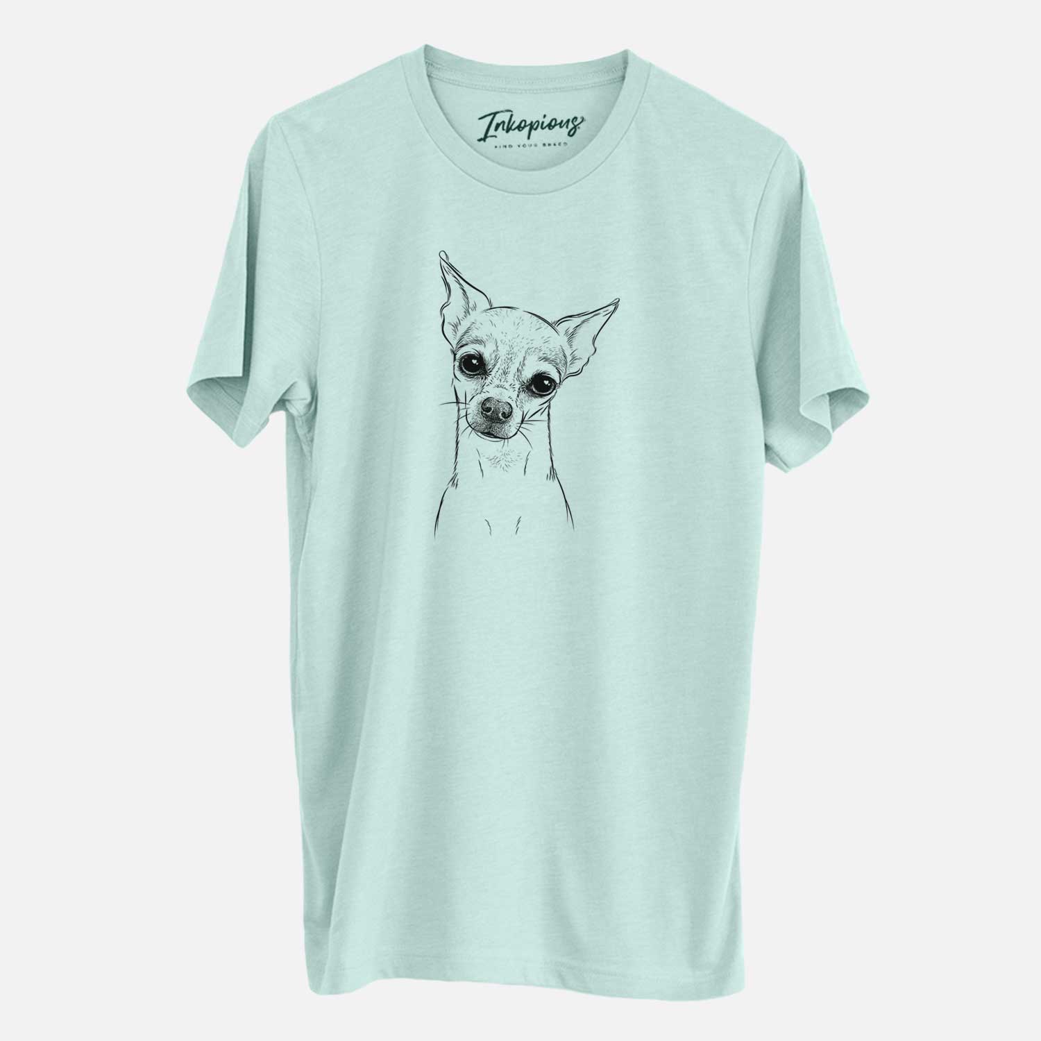 Hand-drawn sketch of Emee the Chihuahua on a Heather Sage Unisex crewneck
