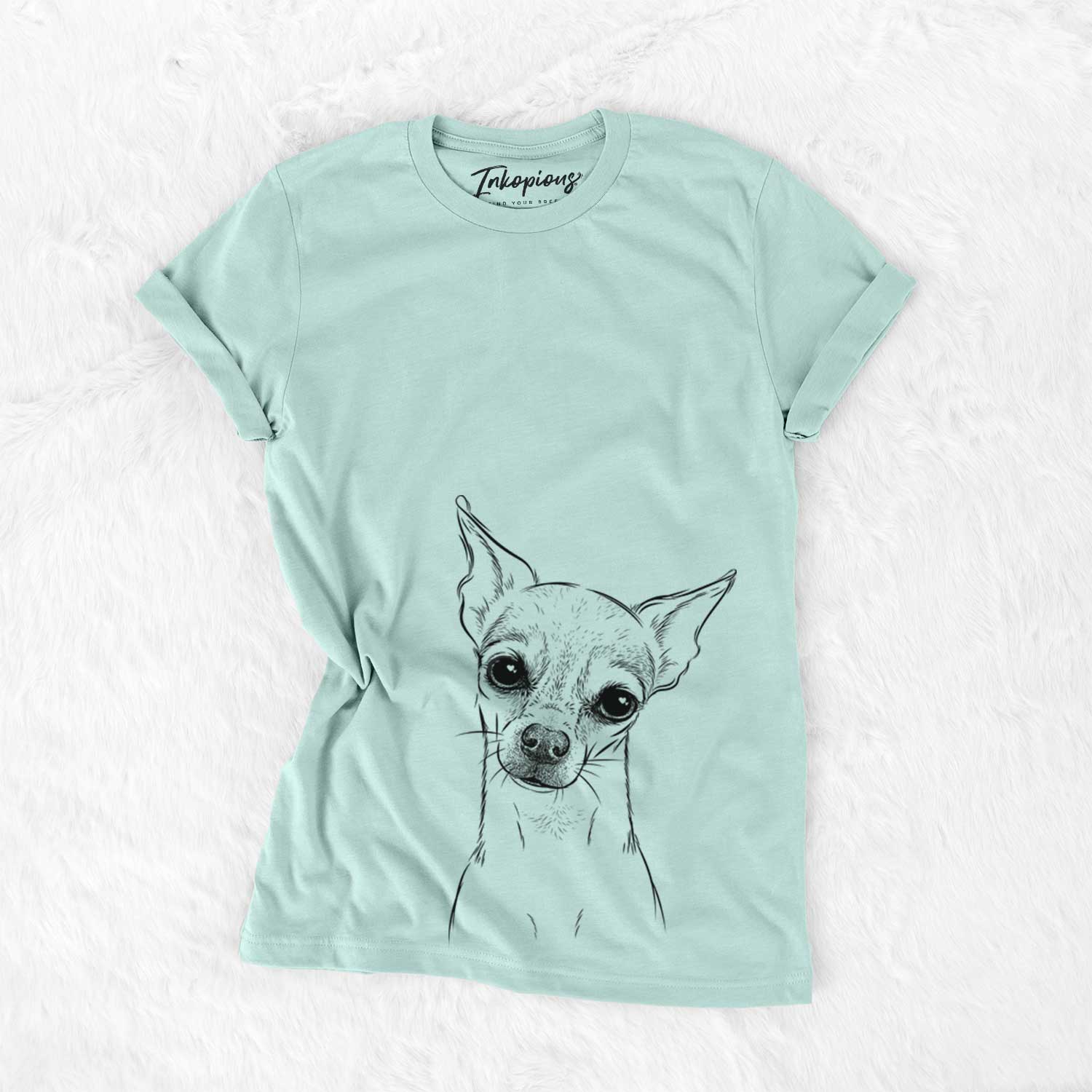 Hand-drawn sketch of Emee the Chihuahua on a Heather Sage Bella Canvas Unisex Crewneck