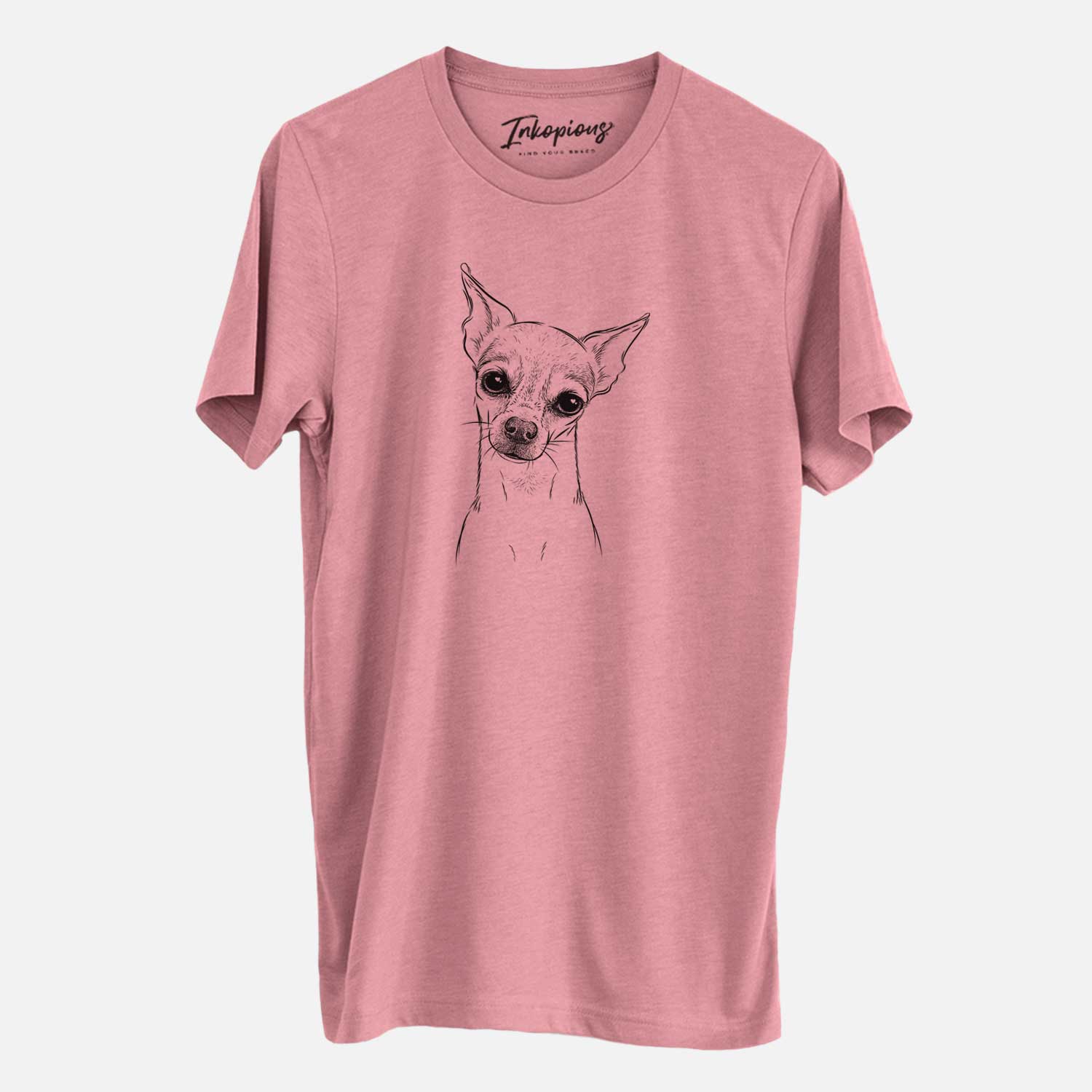 Hand-drawn sketch of Emee the Chihuahua on a Mauve Unisex crewneck