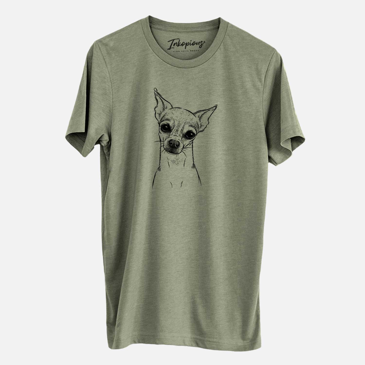Hand-drawn sketch of Emee the Chihuahua on an Olive Unisex crewneck