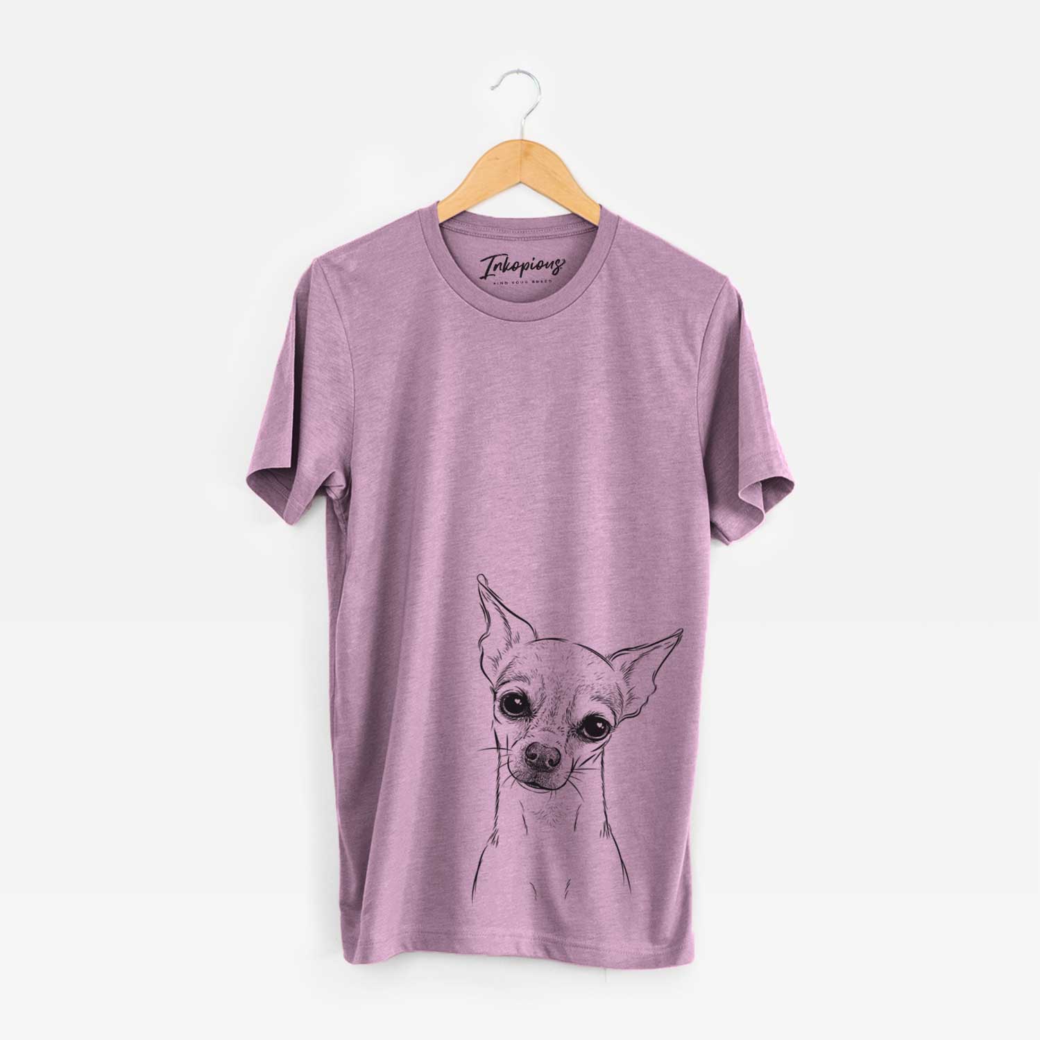 Hand-drawn sketch of Emee the Chihuahua on an Orchid Unisex crewneck