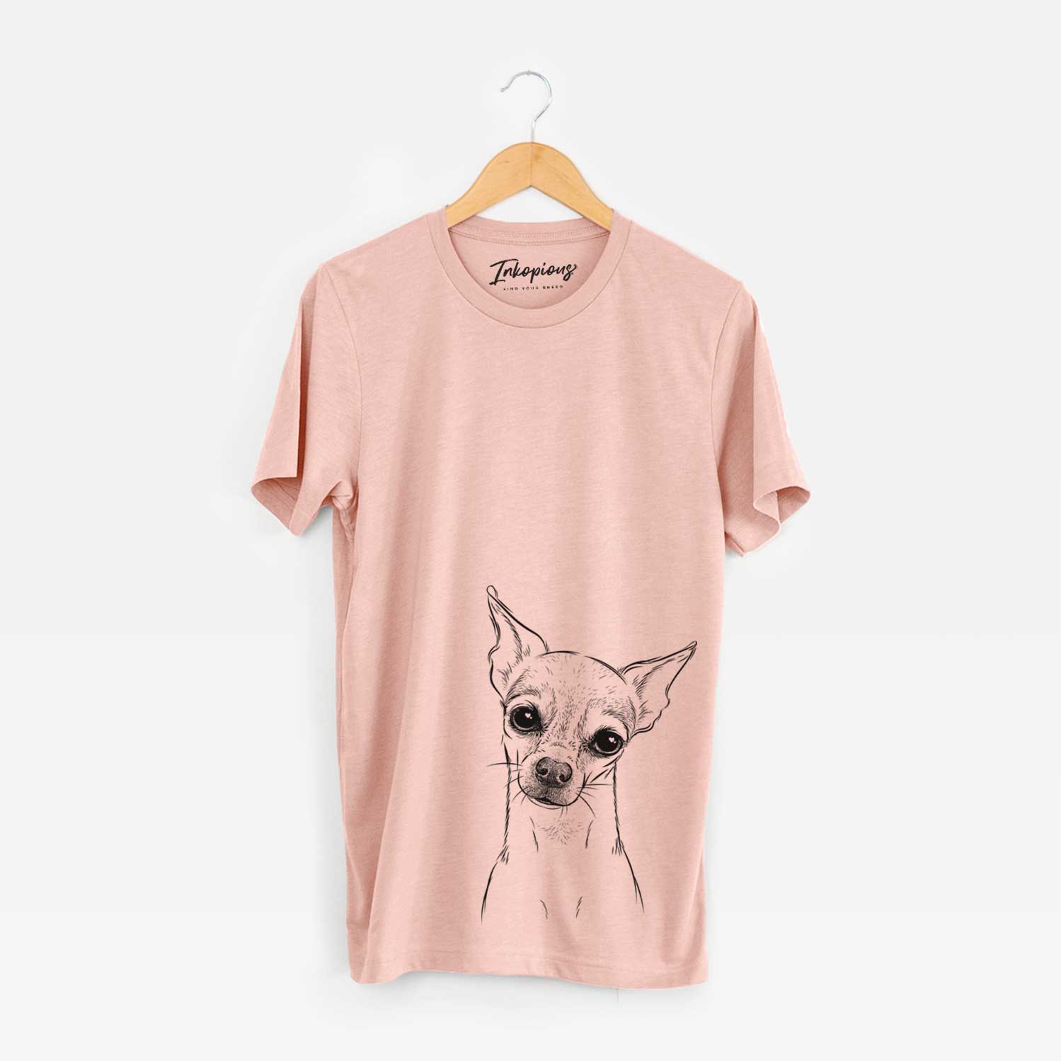 Hand-drawn sketch of Emee the Chihuahua on a Peach Unisex crewneck