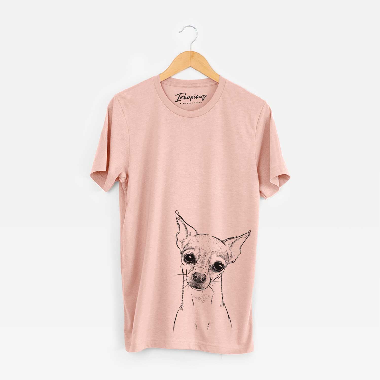 Hand-drawn sketch of Emee the Chihuahua on a Peach Bella Canvas Unisex Crewneck