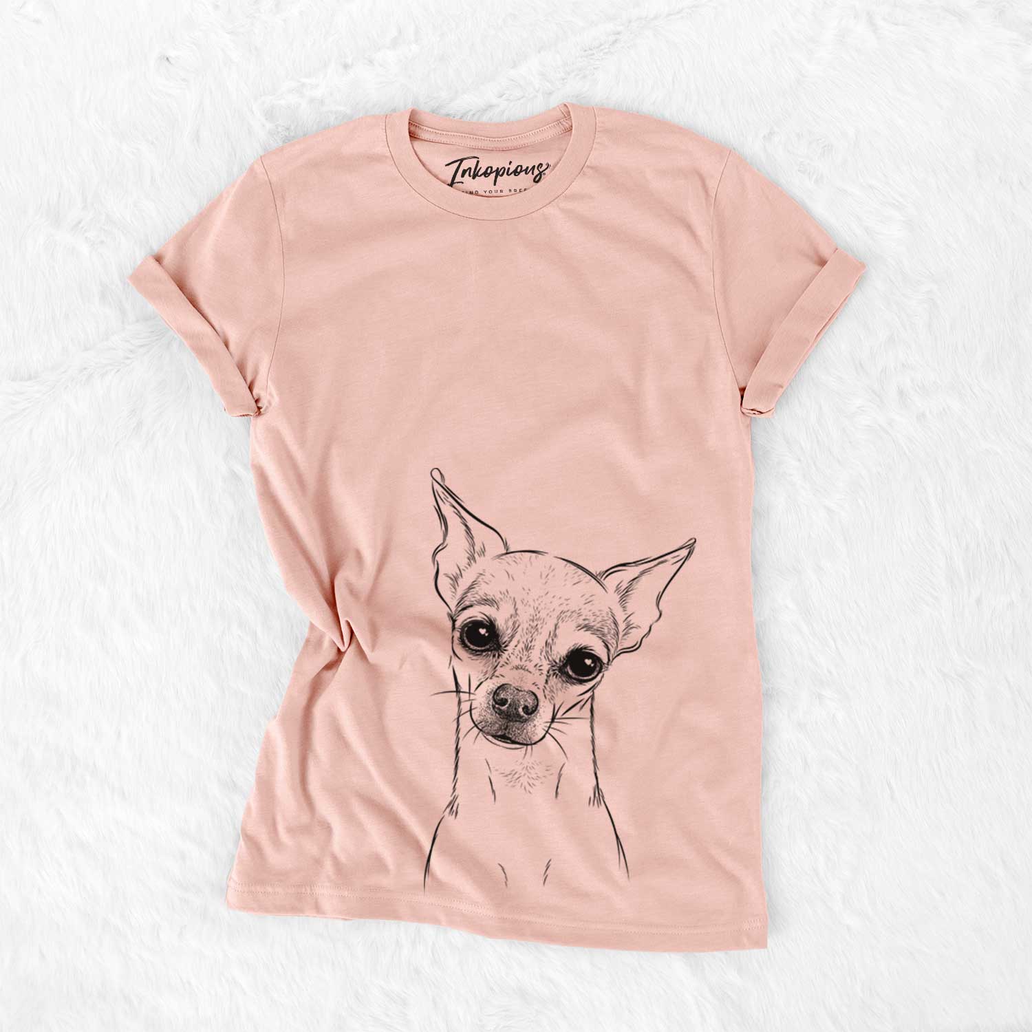 Hand-drawn sketch of Emee the Chihuahua on a Peach Bella Canvas Unisex Crewneck