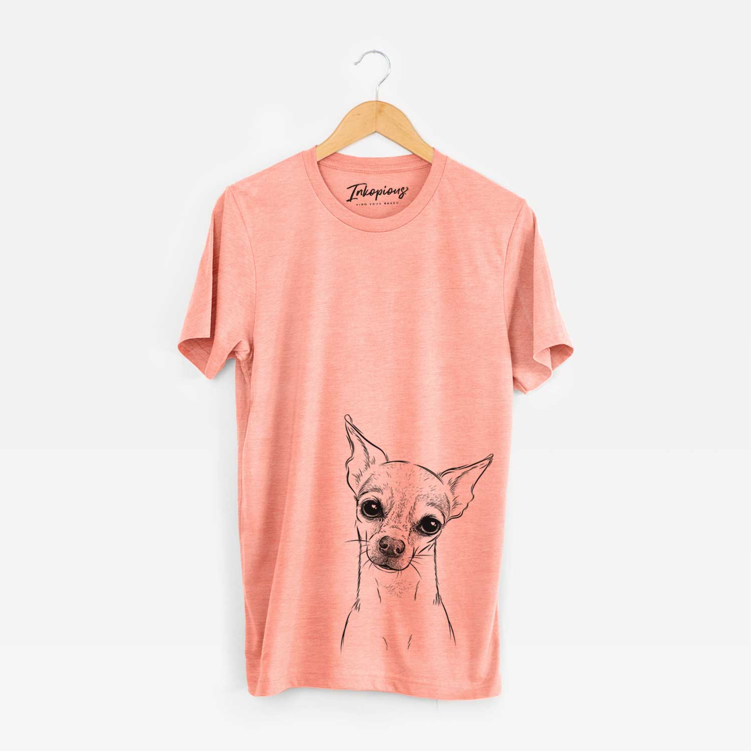 Hand-drawn sketch of Emee the Chihuahua on a Sunset Unisex crewneck