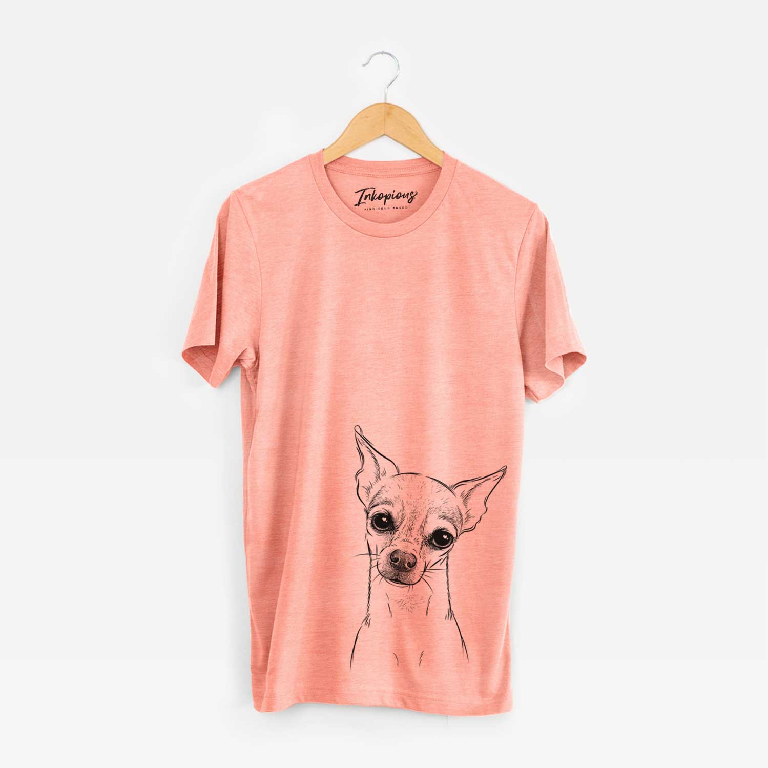 Hand-drawn sketch of Emee the Chihuahua on a Sunset Bella Canvas Unisex Crewneck