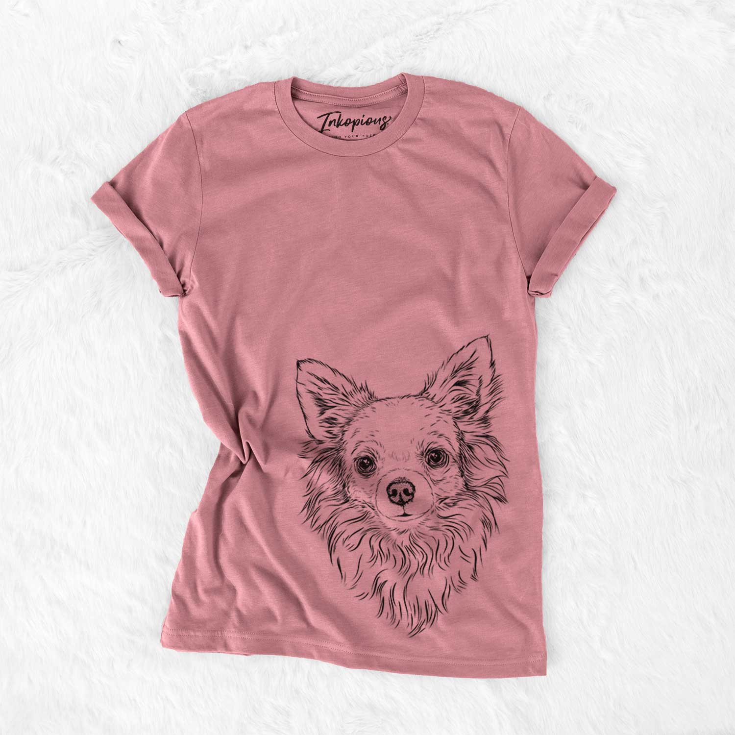 Hand-drawn sketch of Emma the Longhaired Chihuahua on a Mauve Bella Canvas Unisex Crewneck
