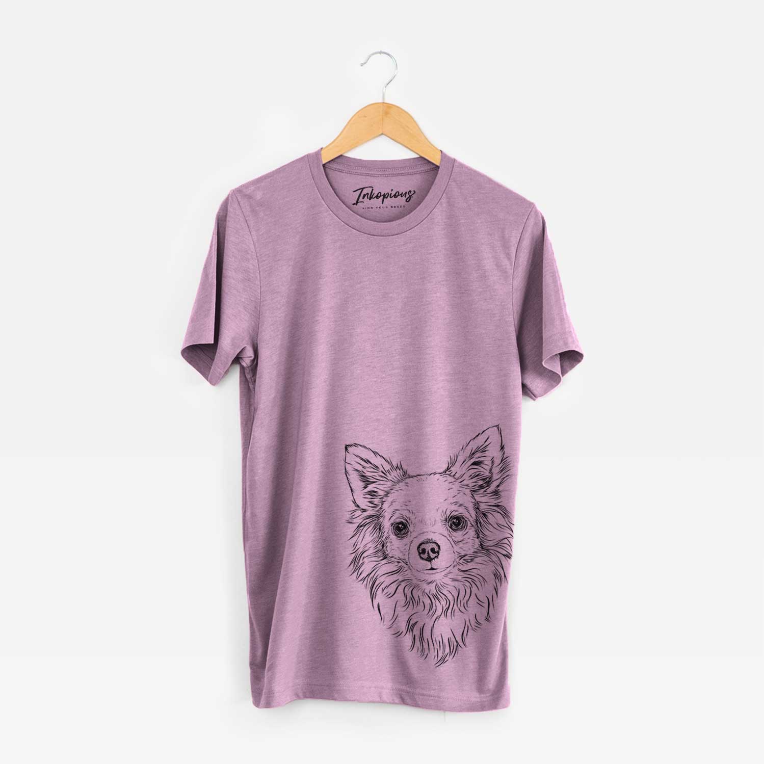 Hand-drawn sketch of Emma the Longhaired Chihuahua on an Orchid Bella Canvas Unisex Crewneck