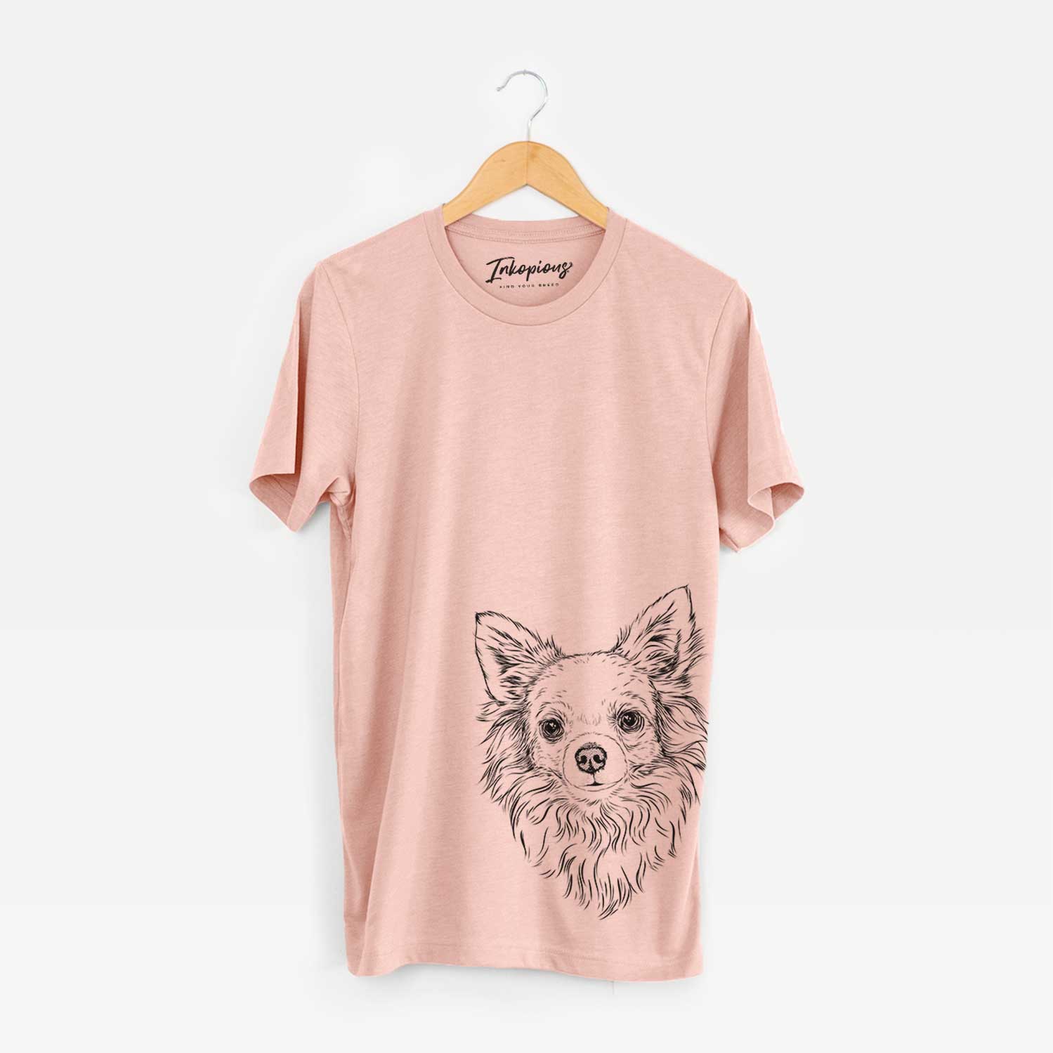 Hand-drawn sketch of Emma the Longhaired Chihuahua on a Peach Bella Canvas Unisex Crewneck